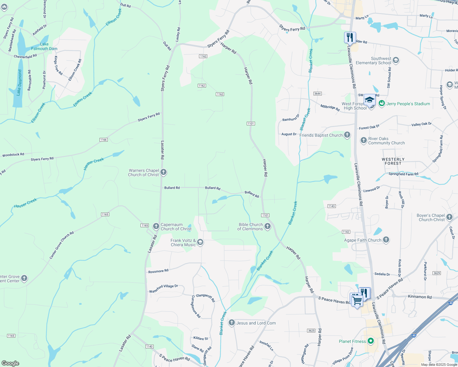 map of restaurants, bars, coffee shops, grocery stores, and more near 7381 Bullard Road in Clemmons