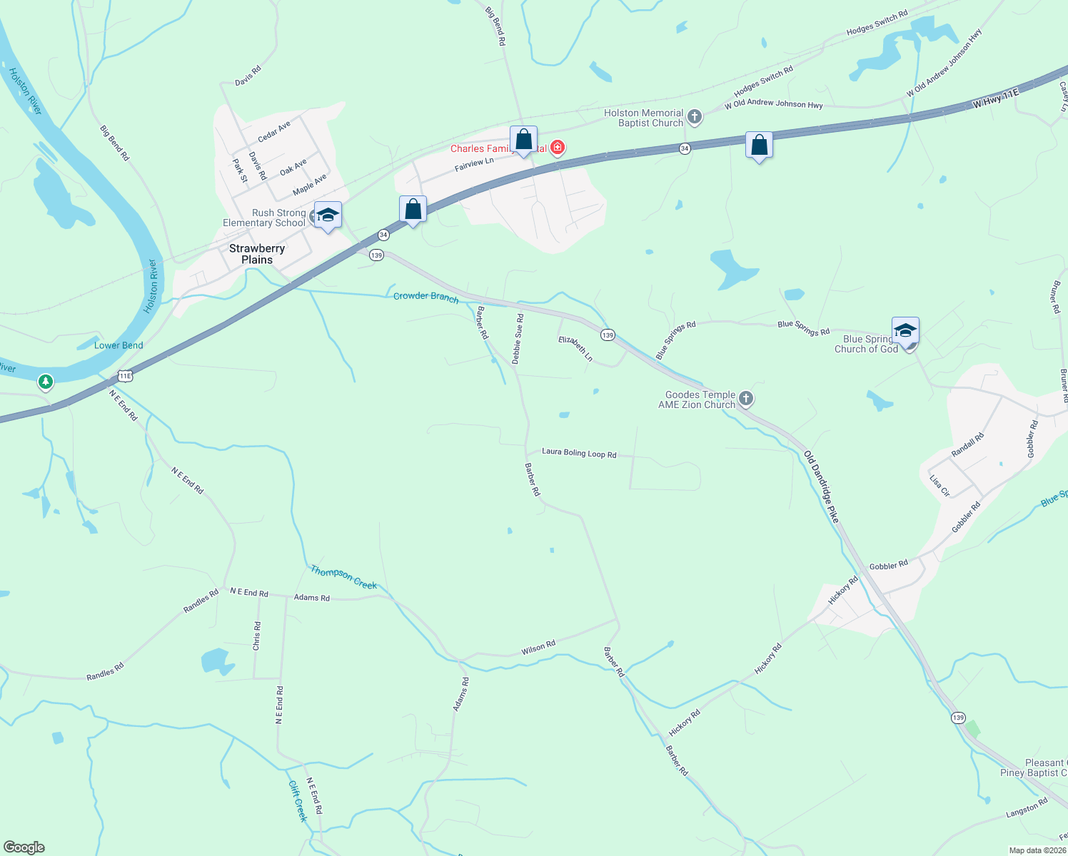 map of restaurants, bars, coffee shops, grocery stores, and more near 194 Barber Road in Strawberry Plains