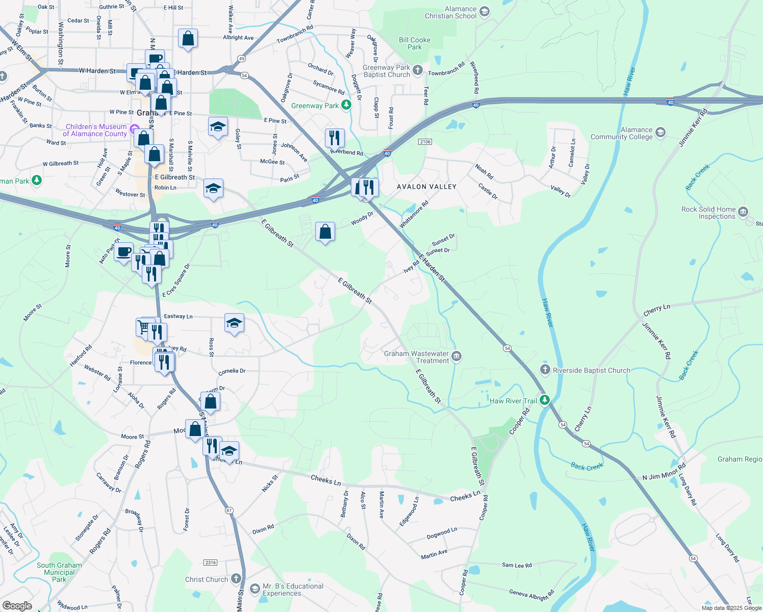 map of restaurants, bars, coffee shops, grocery stores, and more near 912 E Gilbreath St in Graham