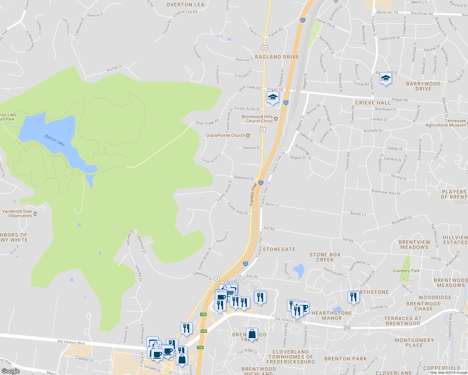 map of restaurants, bars, coffee shops, grocery stores, and more near 5305 Forest Acres Drive in Nashville