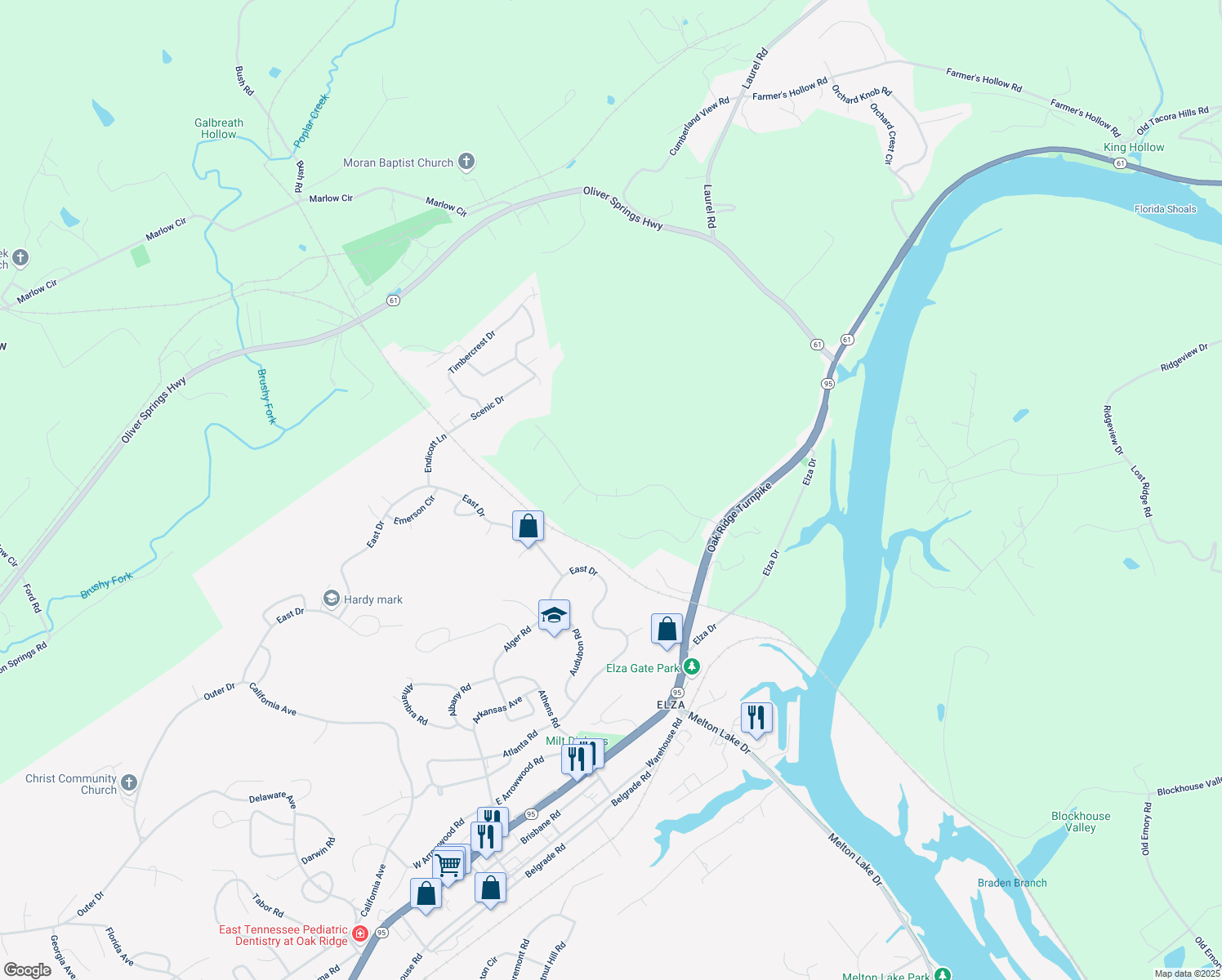 map of restaurants, bars, coffee shops, grocery stores, and more near 122 Lake Hills Drive in Oak Ridge