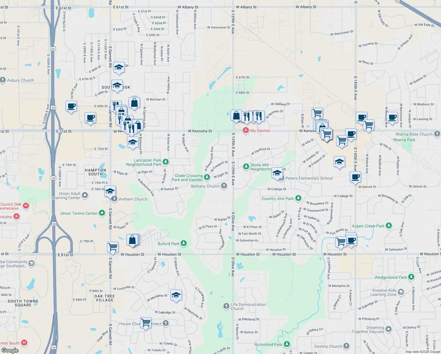 map of restaurants, bars, coffee shops, grocery stores, and more near 3717 West Elgin Street in Broken Arrow