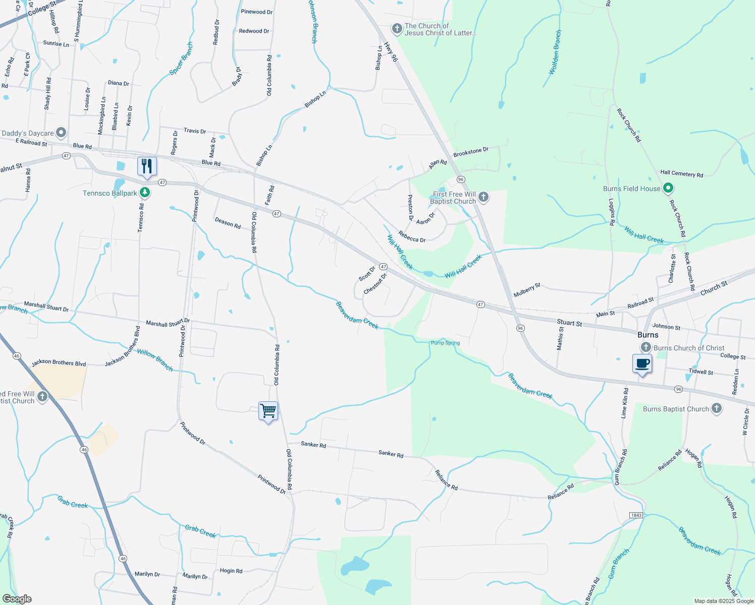 map of restaurants, bars, coffee shops, grocery stores, and more near 1103 Chestnut Drive in Burns