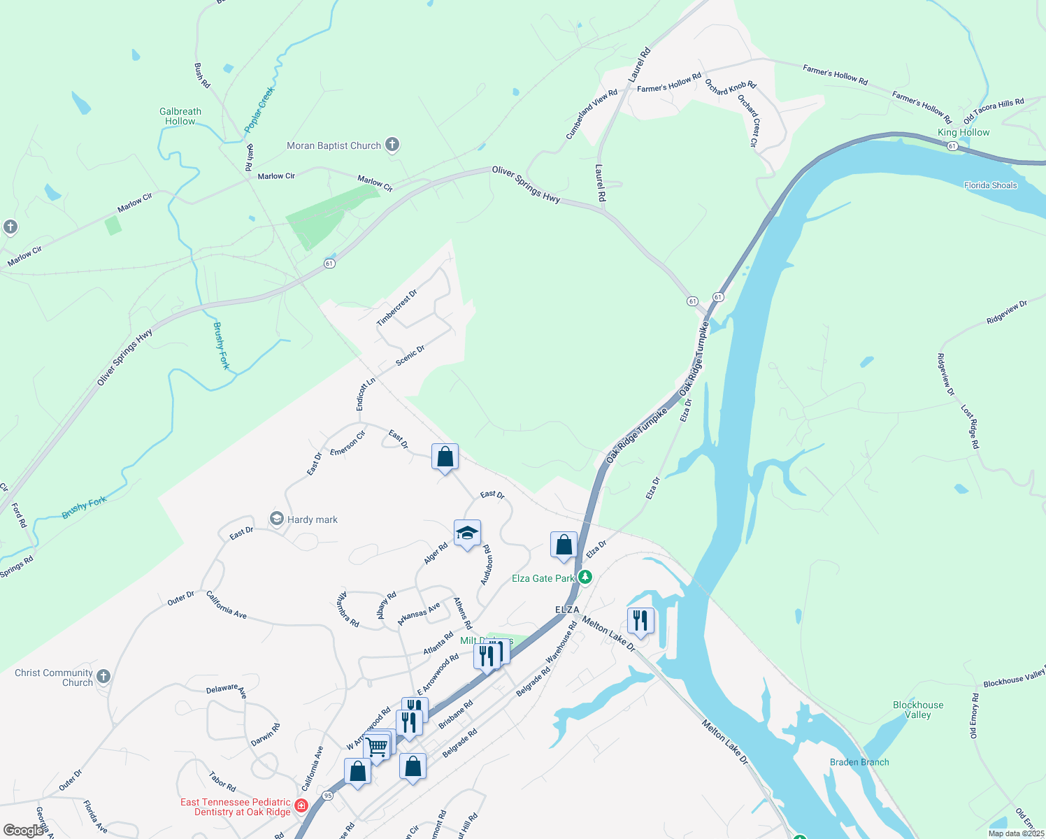 map of restaurants, bars, coffee shops, grocery stores, and more near 122 Lake Hills Drive in Oak Ridge