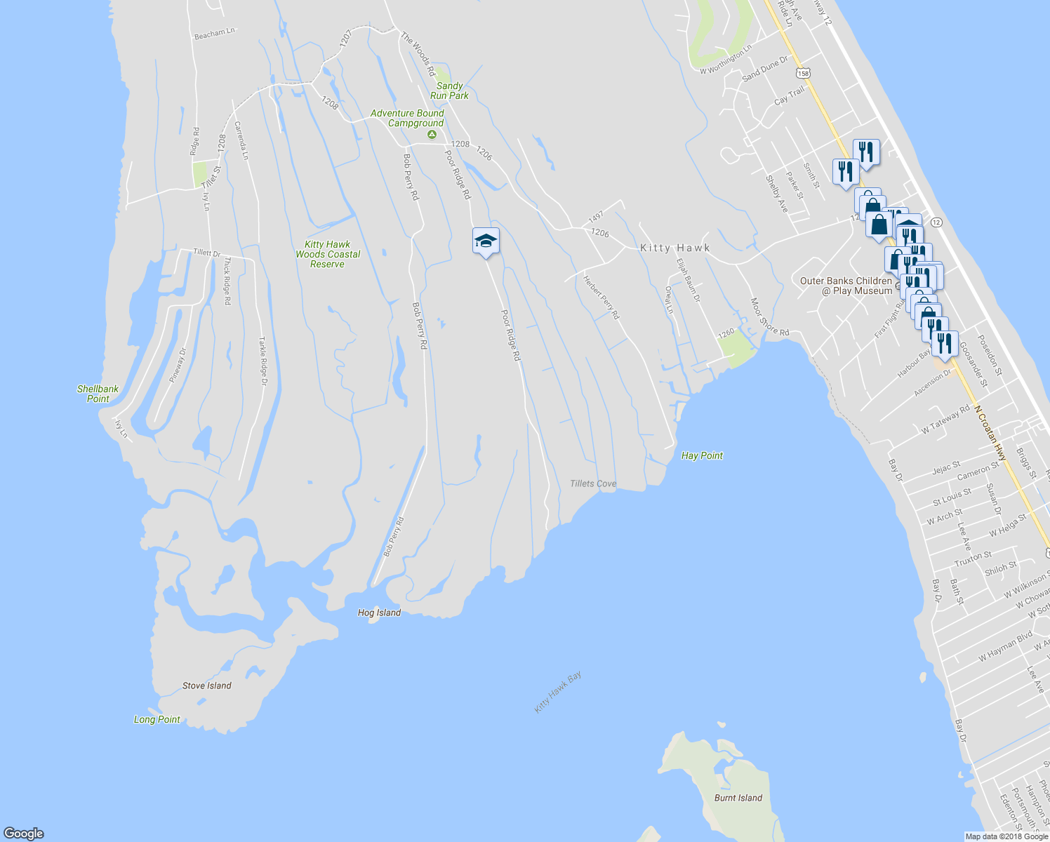 map of restaurants, bars, coffee shops, grocery stores, and more near 3904 Poor Ridge Road in Kitty Hawk