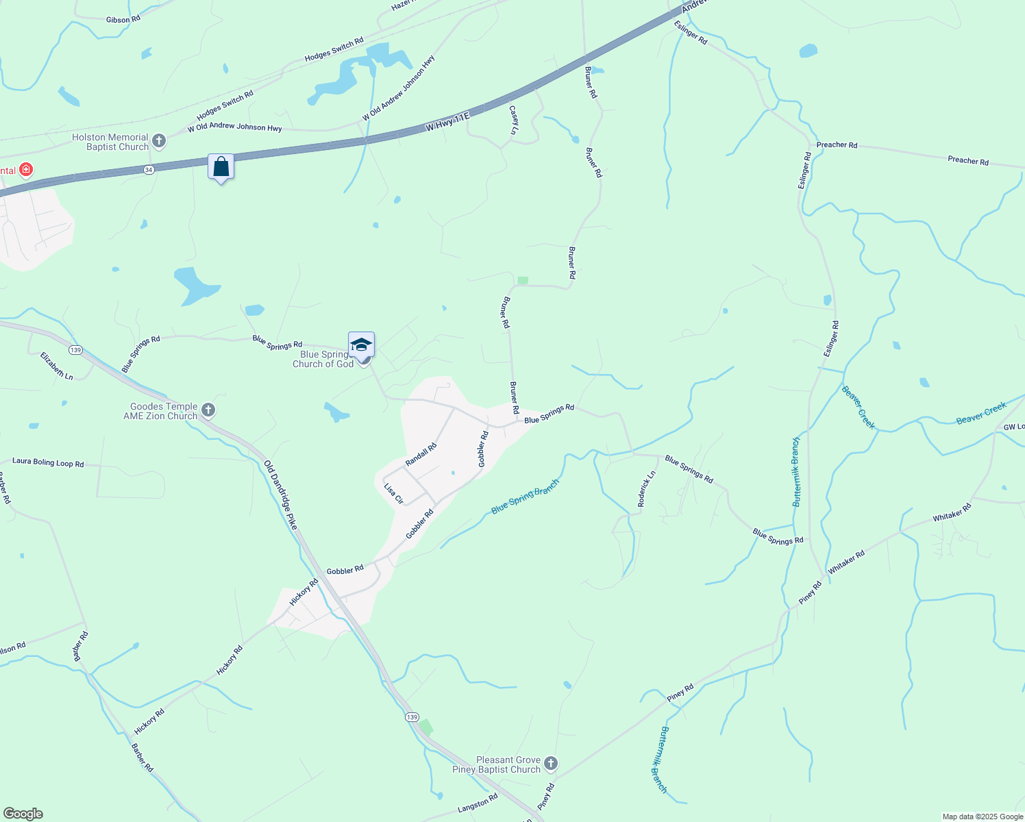 map of restaurants, bars, coffee shops, grocery stores, and more near 3431 Blue Springs Road in Strawberry Plains