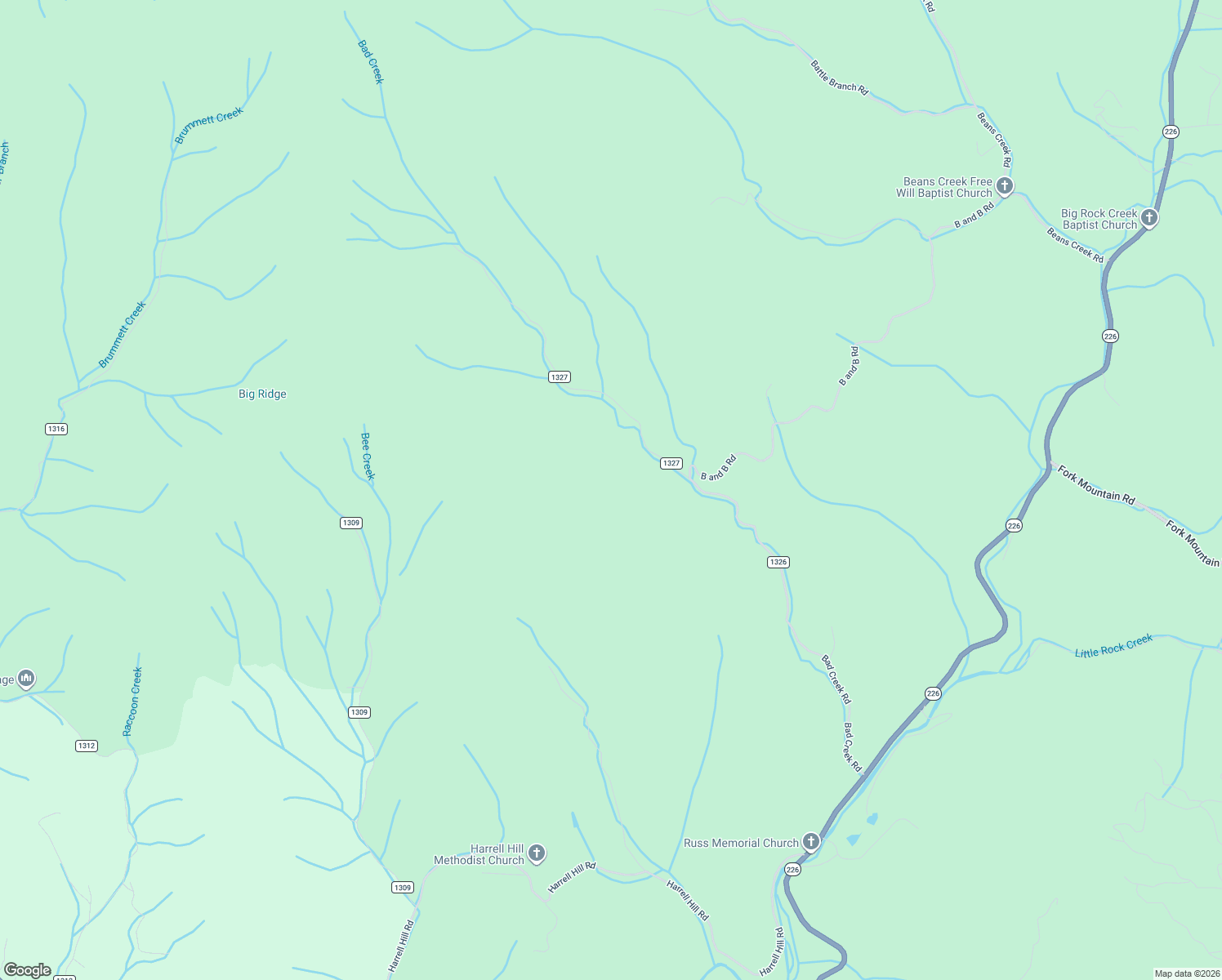 map of restaurants, bars, coffee shops, grocery stores, and more near 1101 Bad Creek Road in Bakersville