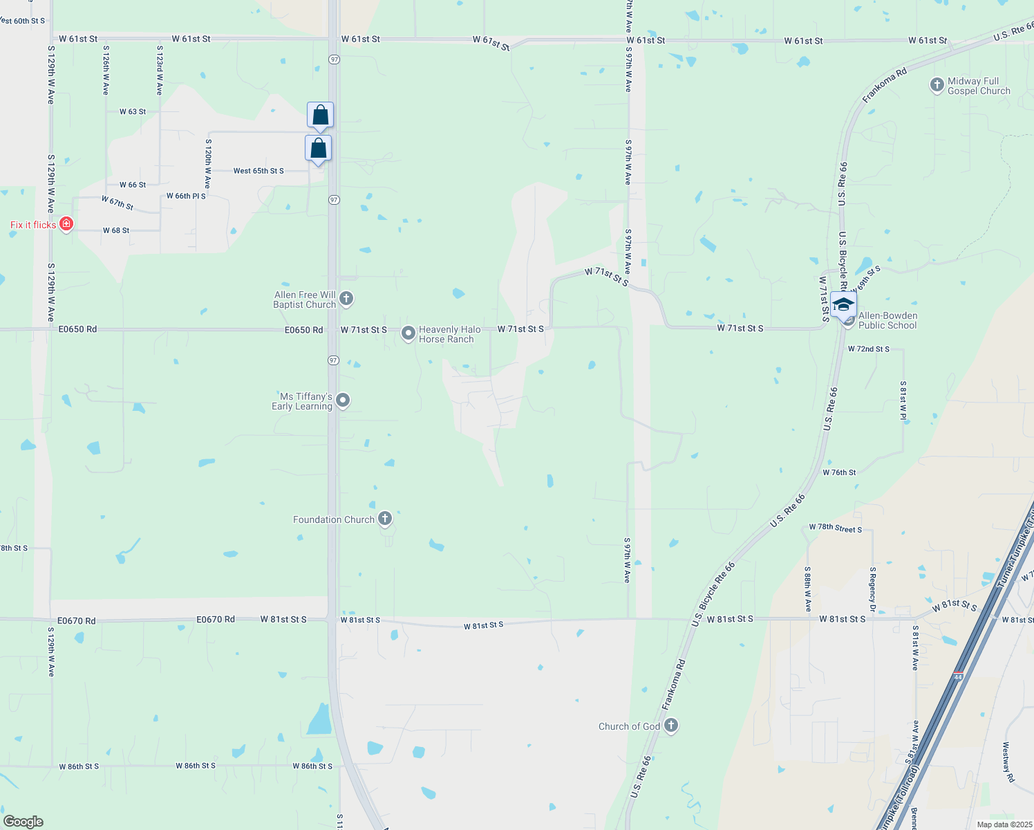 map of restaurants, bars, coffee shops, grocery stores, and more near 7381 Cottonwood Road in Sapulpa