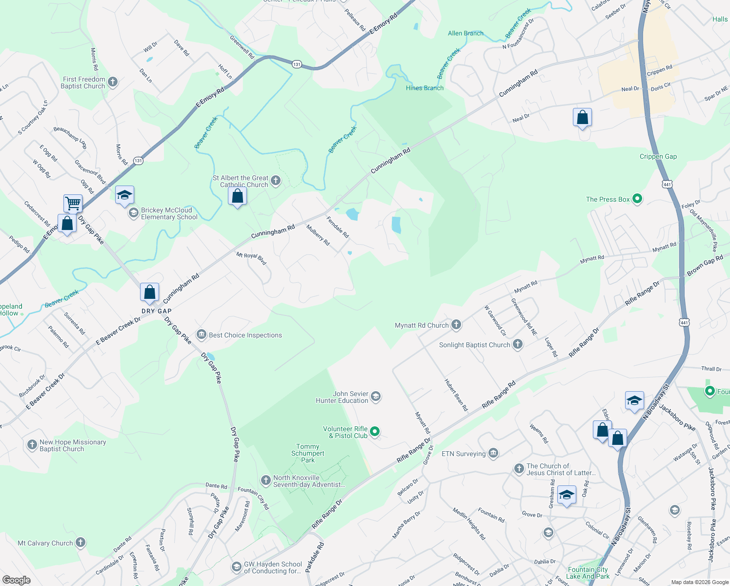 map of restaurants, bars, coffee shops, grocery stores, and more near 6707 Arapahoe Lane in Knoxville