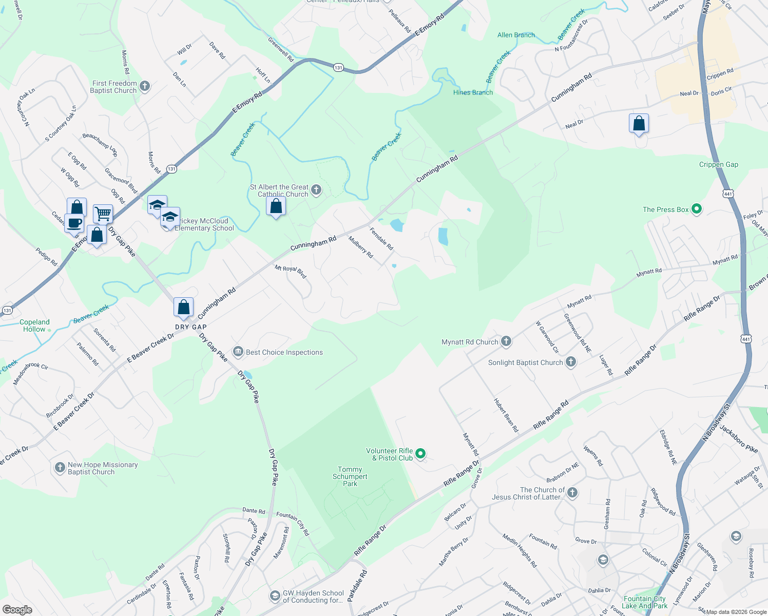map of restaurants, bars, coffee shops, grocery stores, and more near 6805 Reddege Road in Knoxville