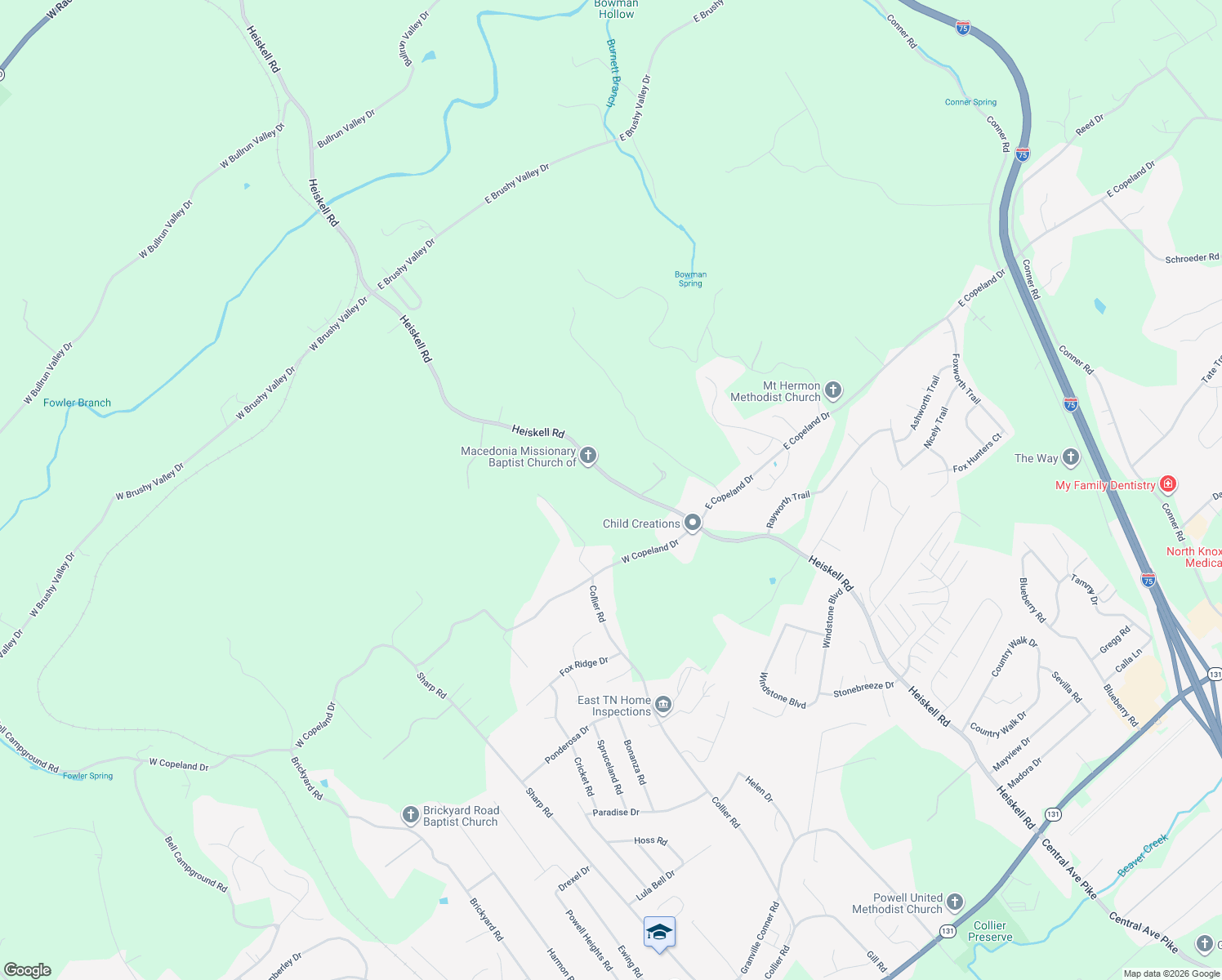 map of restaurants, bars, coffee shops, grocery stores, and more near 8523 Heiskell Road in Powell