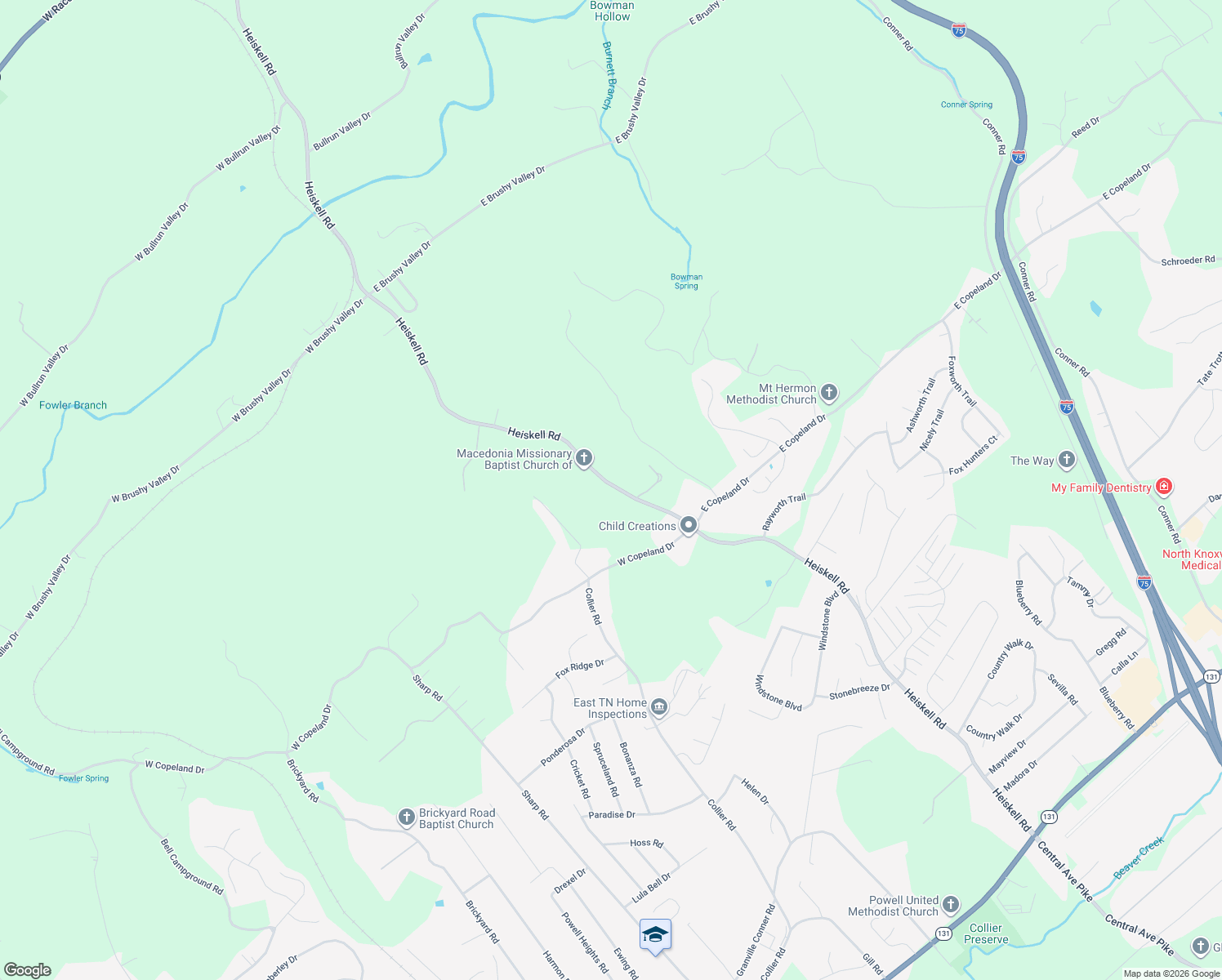 map of restaurants, bars, coffee shops, grocery stores, and more near 8523 Heiskell Road in Powell