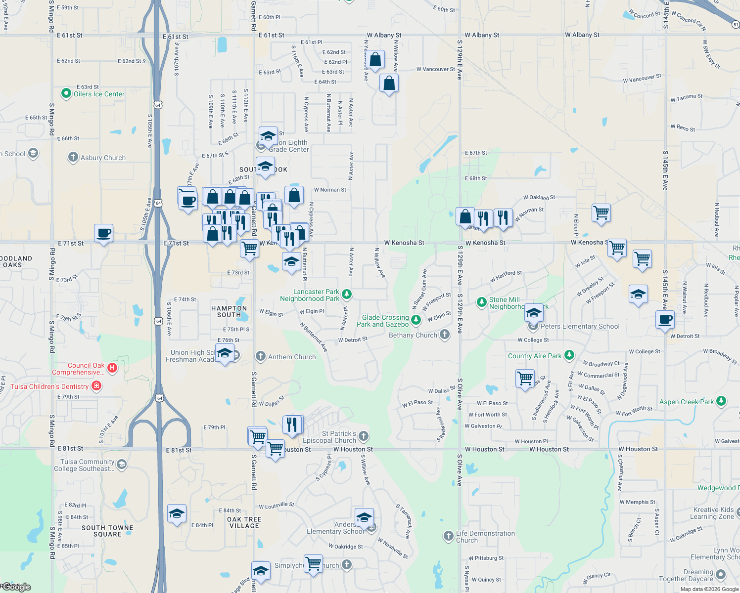 map of restaurants, bars, coffee shops, grocery stores, and more near 4216 W Freeport St in Broken Arrow