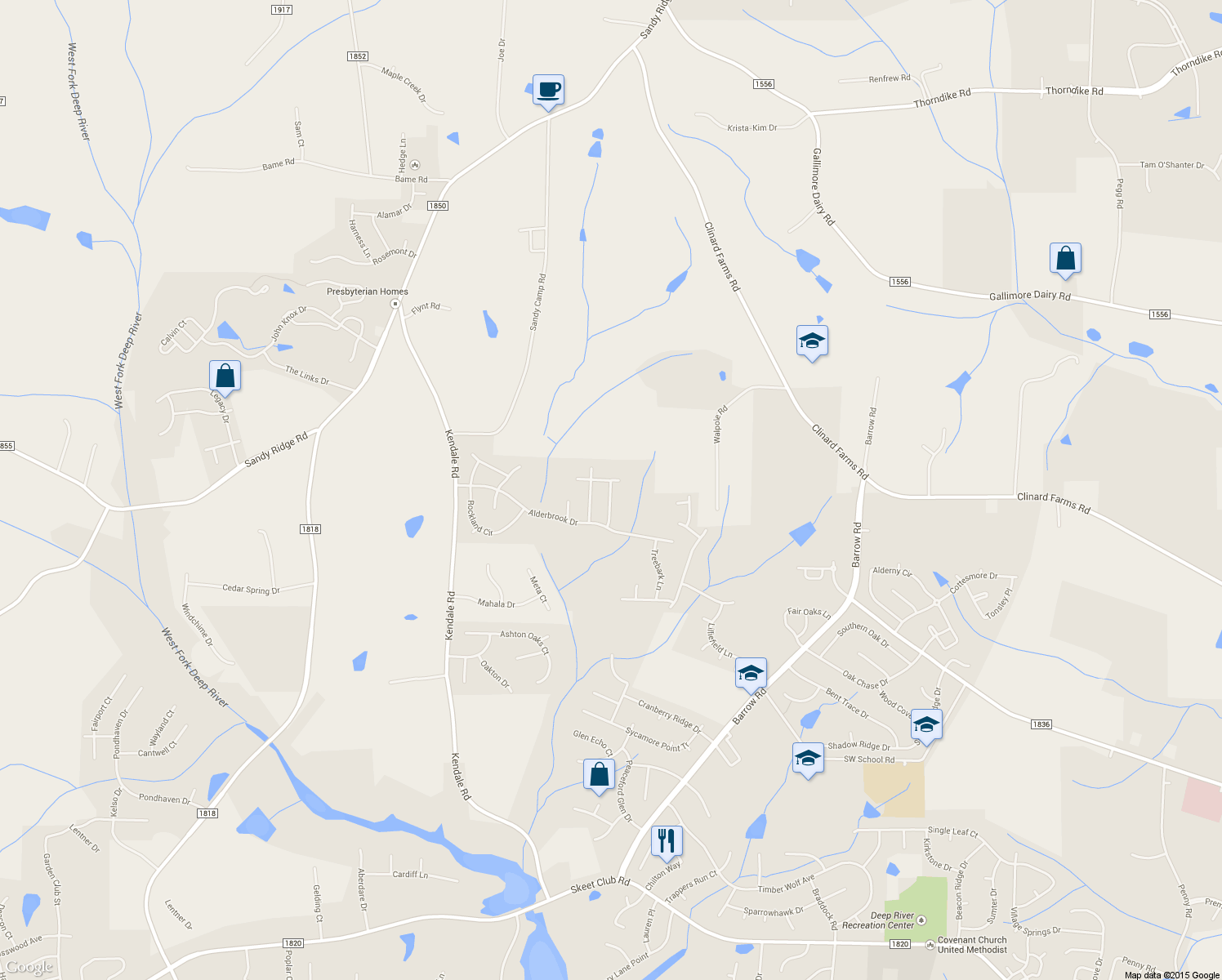 map of restaurants, bars, coffee shops, grocery stores, and more near 4633 Meadowside Terrace in High Point