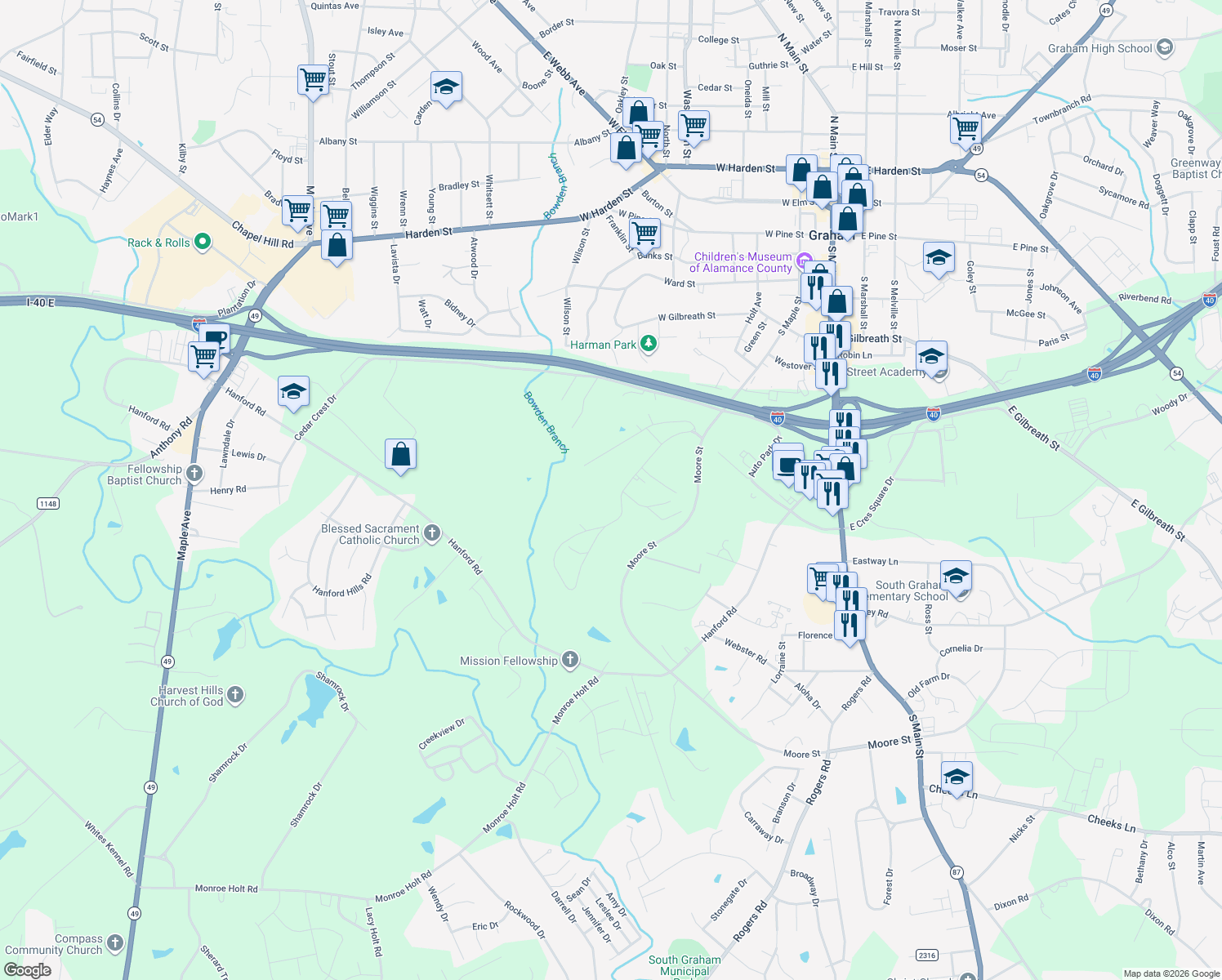 map of restaurants, bars, coffee shops, grocery stores, and more near 1141 Gant Rd in Graham