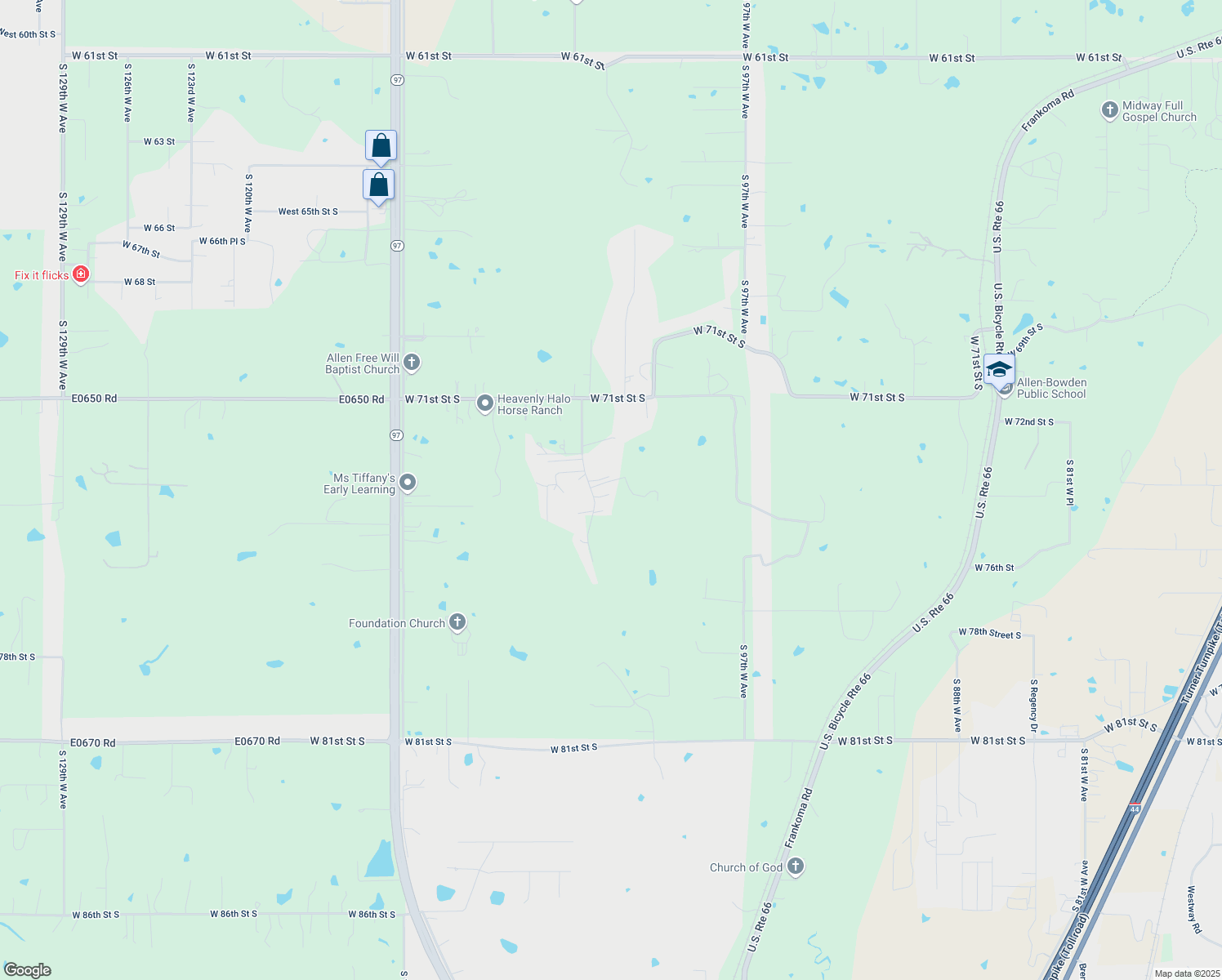 map of restaurants, bars, coffee shops, grocery stores, and more near 7381 Cottonwood Road in Sapulpa