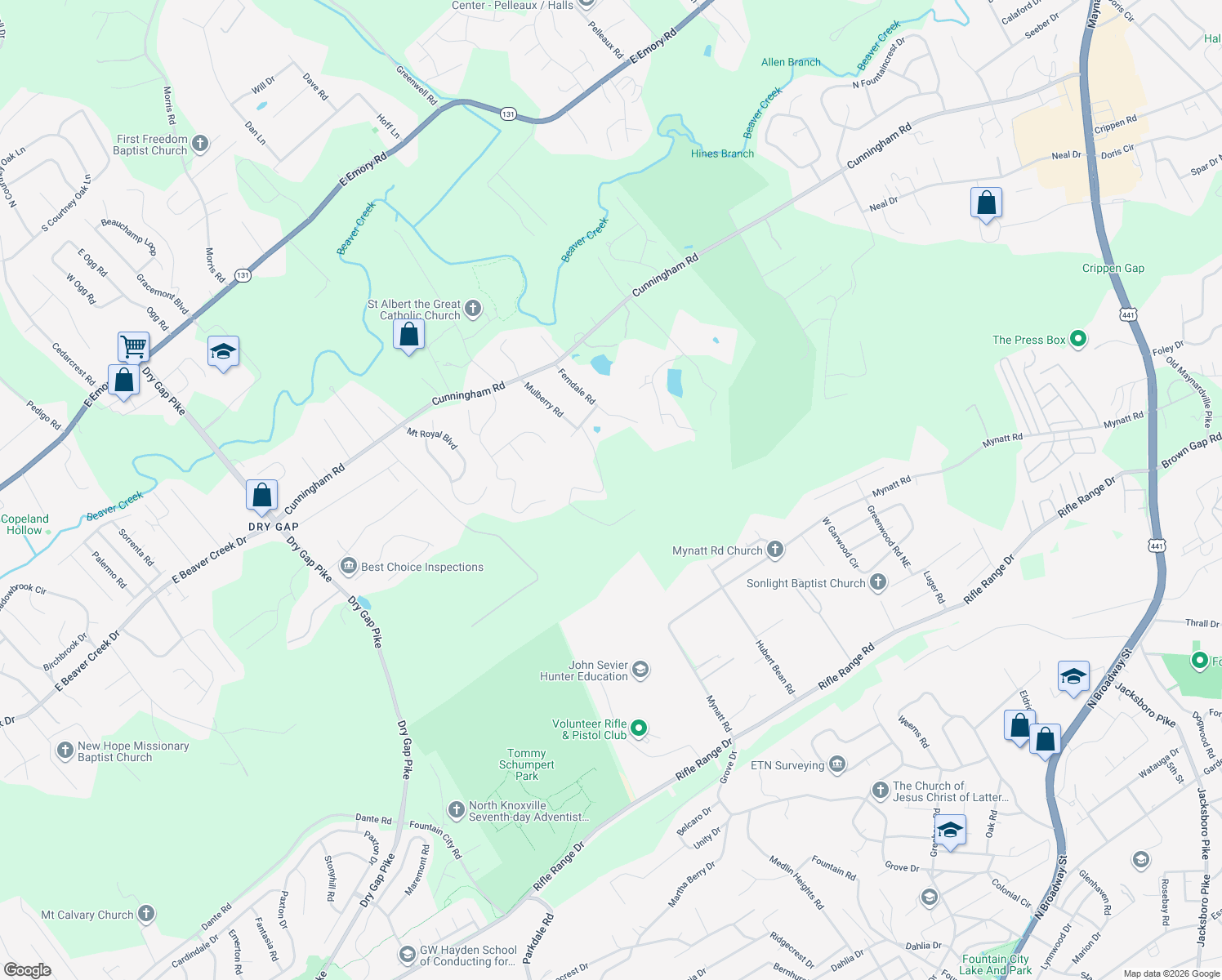 map of restaurants, bars, coffee shops, grocery stores, and more near 6707 Arapahoe Lane in Knoxville