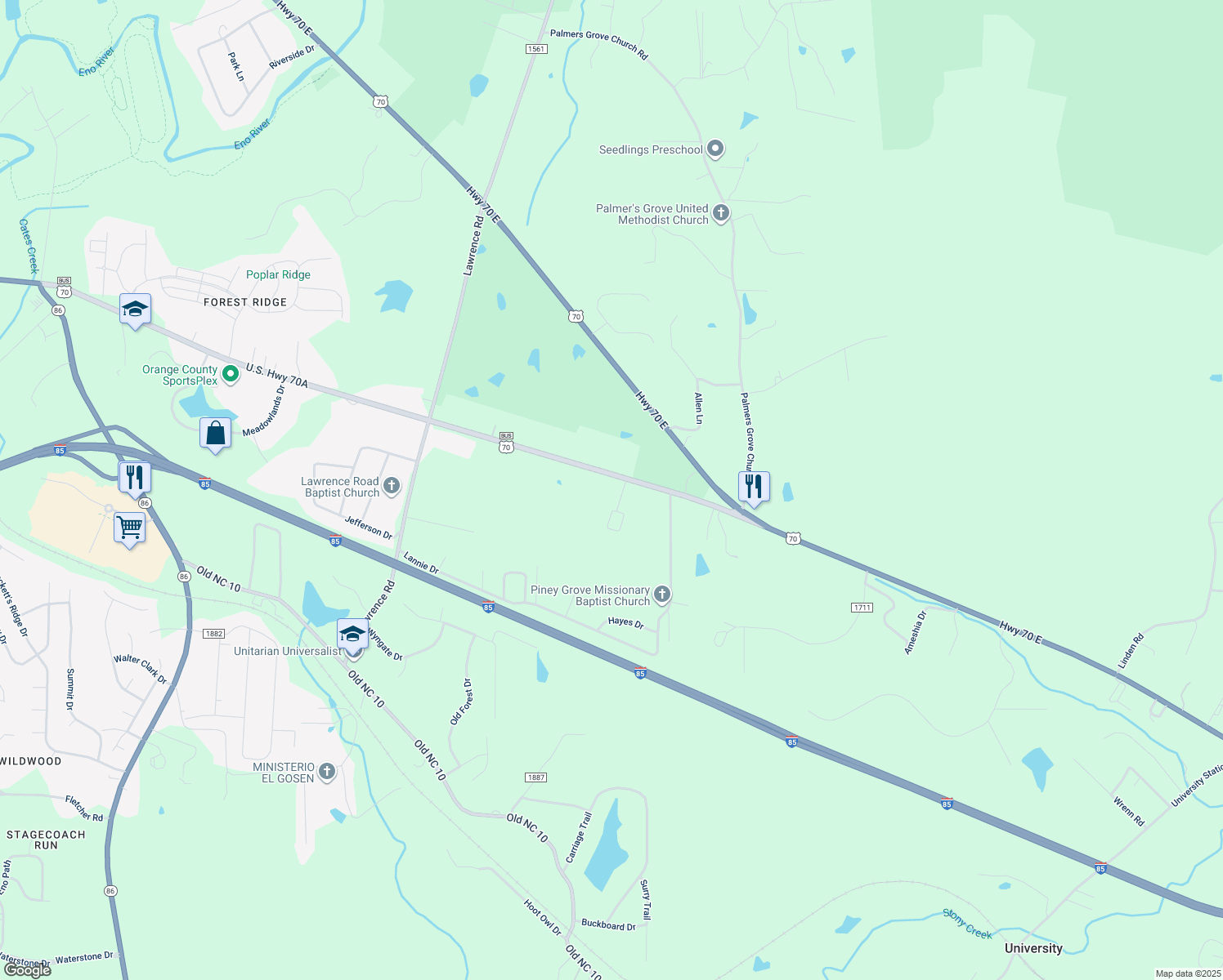 map of restaurants, bars, coffee shops, grocery stores, and more near 2101 U.S. Highway 70A in Hillsborough