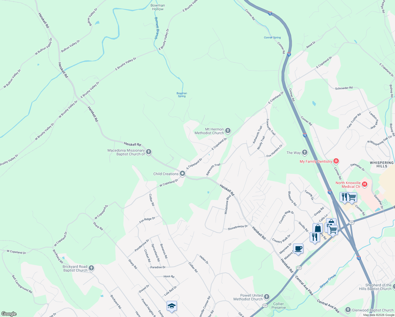 map of restaurants, bars, coffee shops, grocery stores, and more near 129 East Copeland Drive in Powell