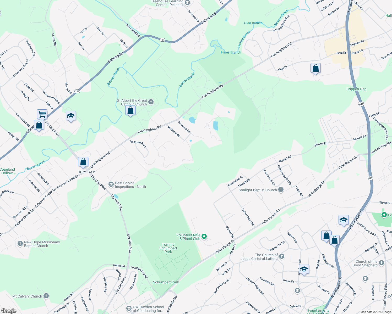 map of restaurants, bars, coffee shops, grocery stores, and more near 6707 Arapahoe Lane in Knoxville