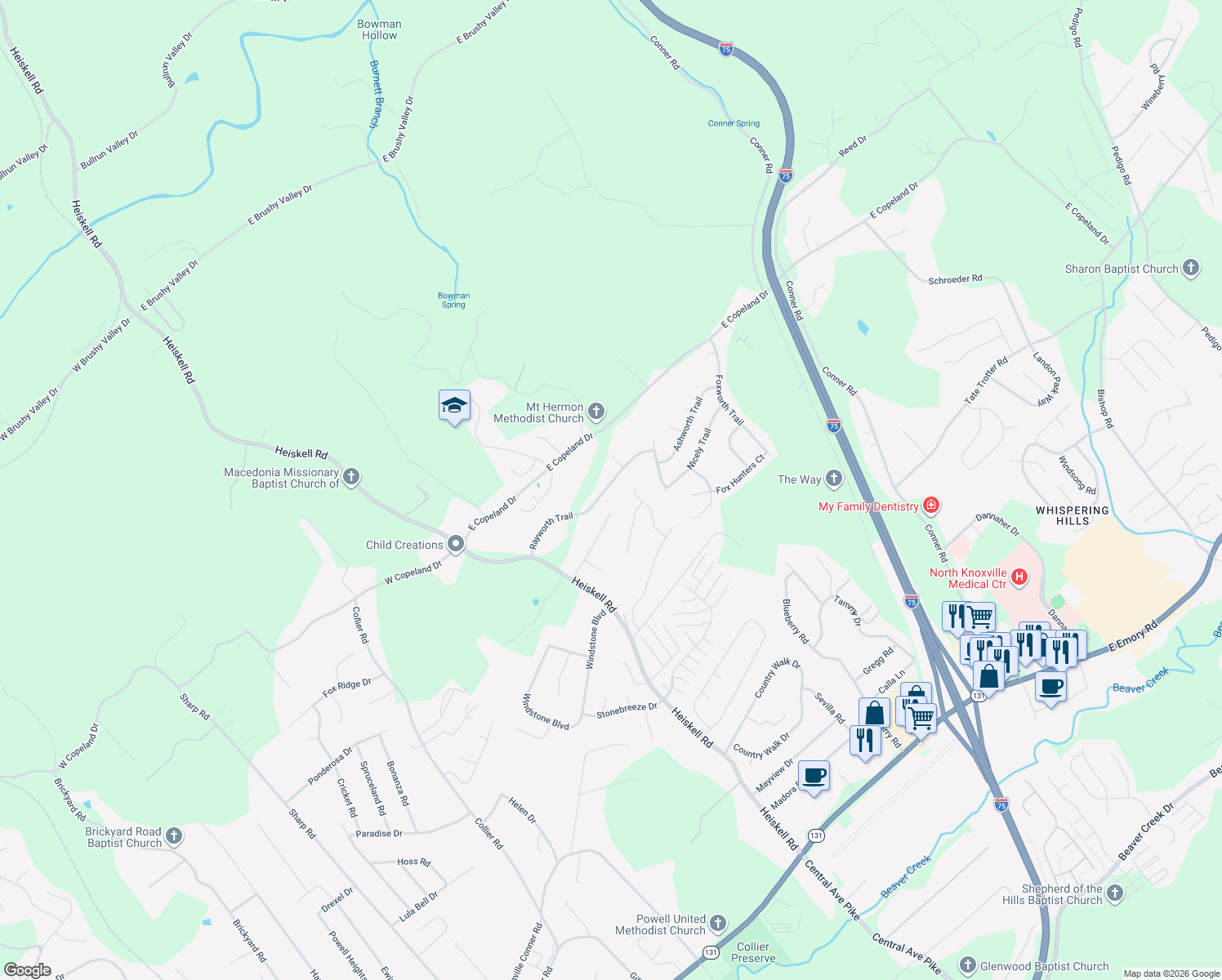 map of restaurants, bars, coffee shops, grocery stores, and more near 8524 Rayworth Trail in Powell