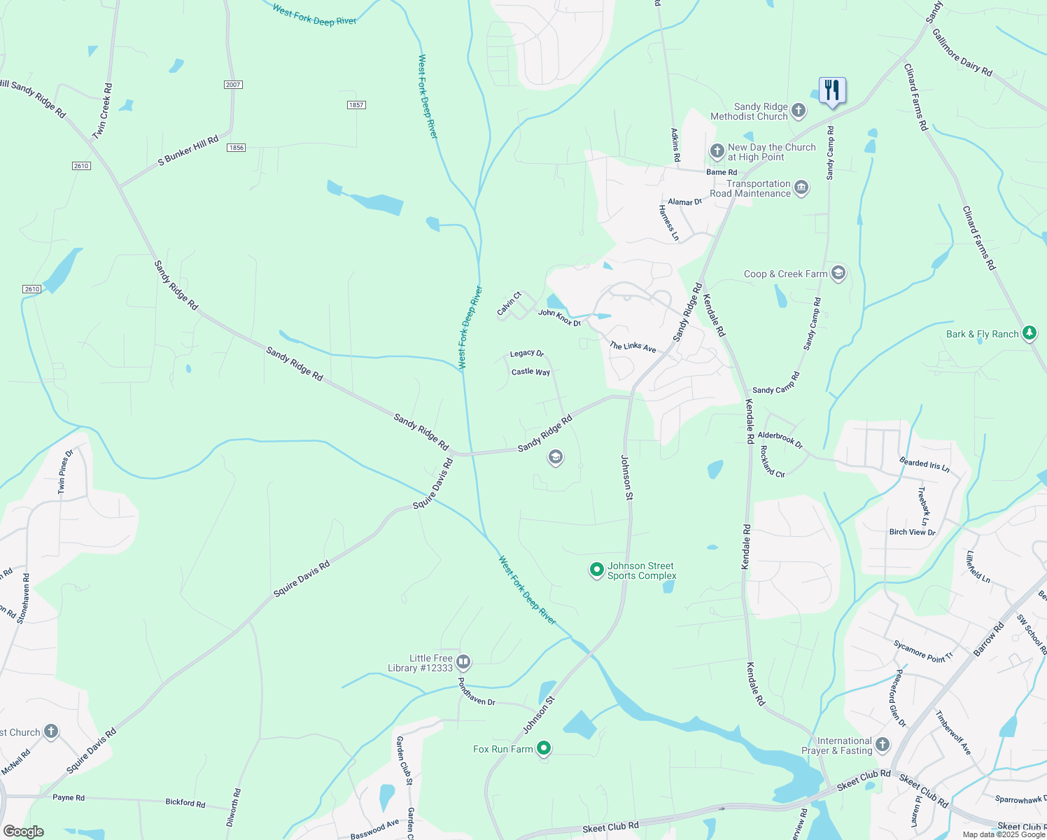 map of restaurants, bars, coffee shops, grocery stores, and more near 1927 Sandy Ridge Road in Colfax