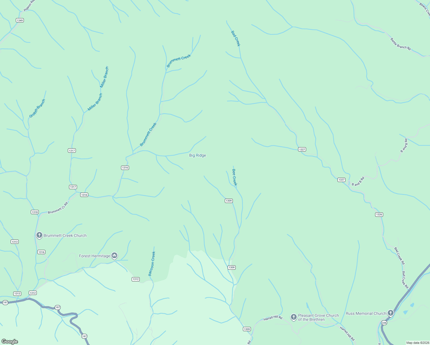 map of restaurants, bars, coffee shops, grocery stores, and more near State Road 1309 in Bakersville