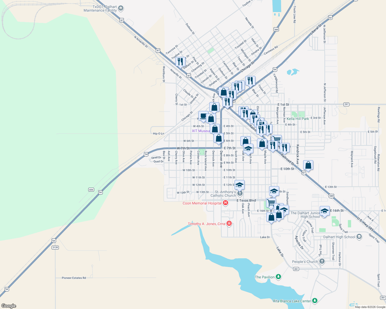 map of restaurants, bars, coffee shops, grocery stores, and more near 721 Peters Ave in Dalhart