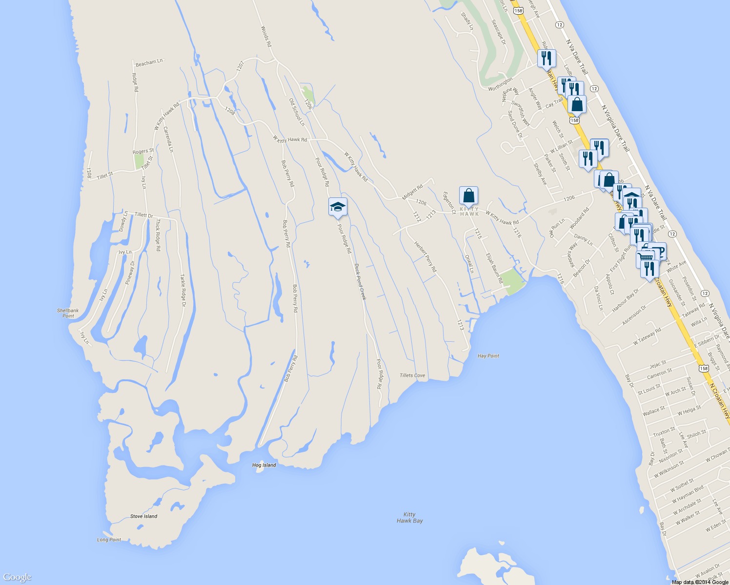map of restaurants, bars, coffee shops, grocery stores, and more near 3930 Poor Ridge Road in Kitty Hawk