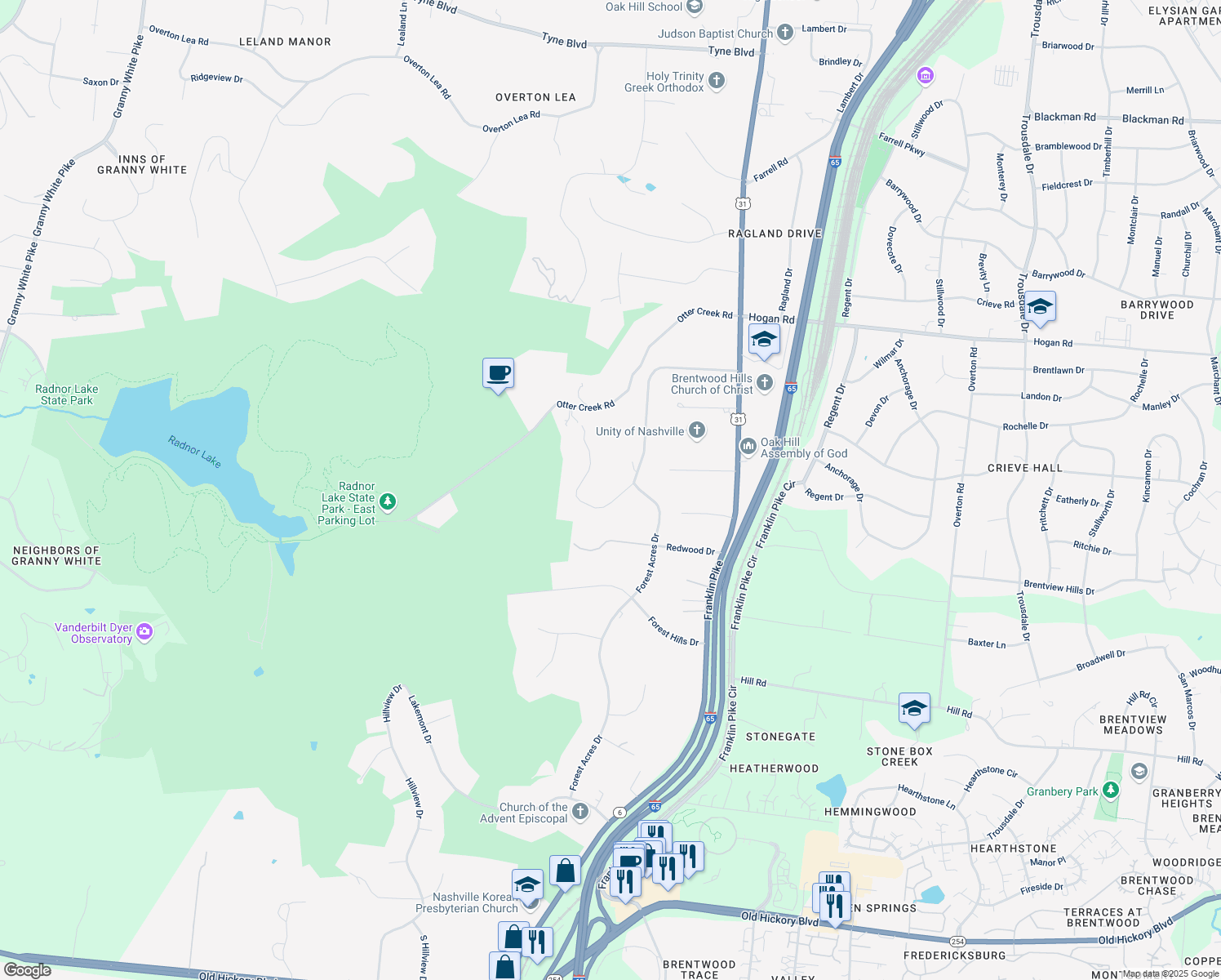 map of restaurants, bars, coffee shops, grocery stores, and more near 904 Forest Acres Court in Nashville