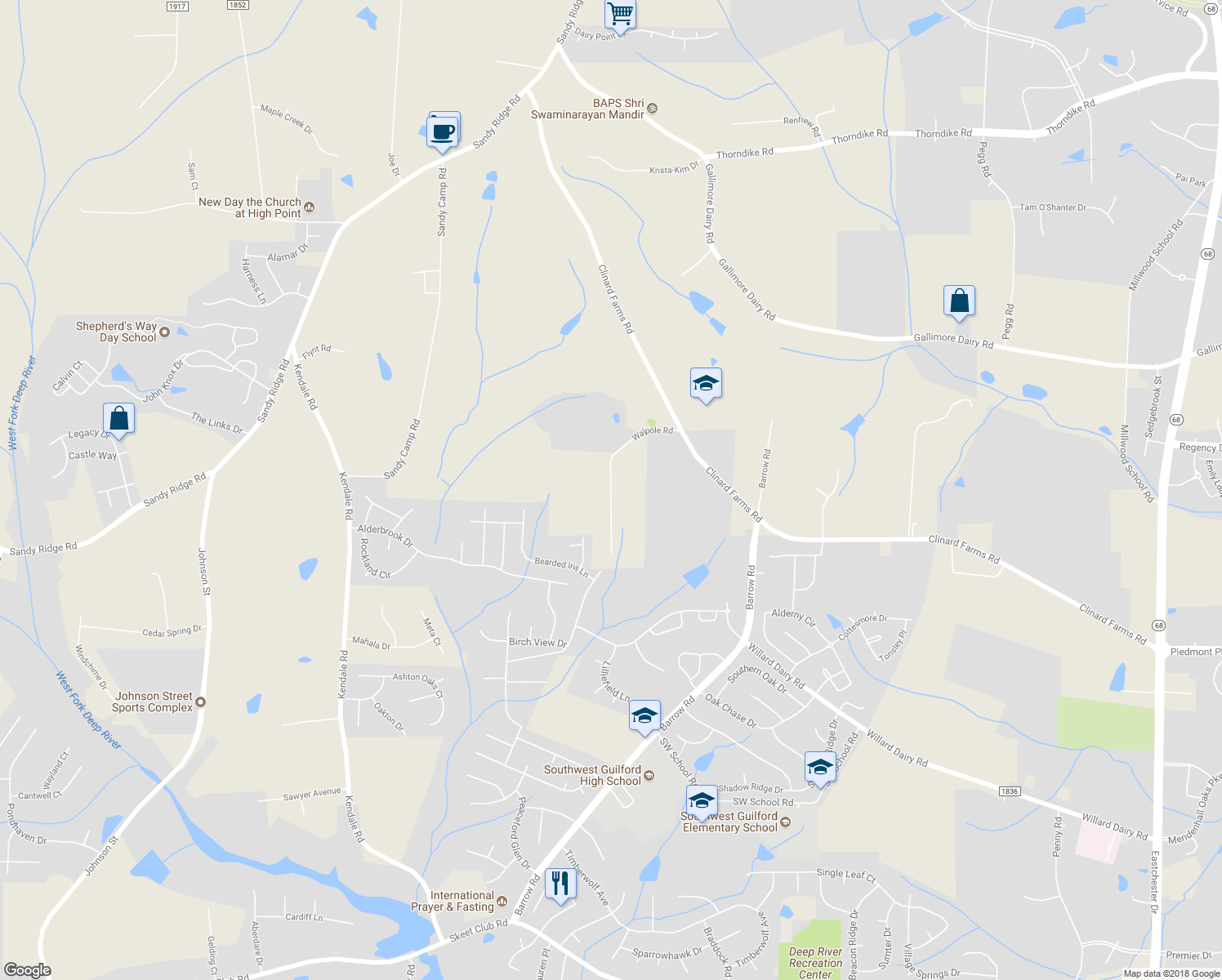 map of restaurants, bars, coffee shops, grocery stores, and more near 4533 Walpole Road in High Point