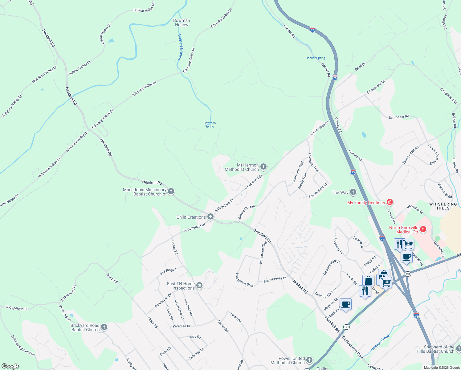 map of restaurants, bars, coffee shops, grocery stores, and more near 8415 Gardenside Lane in Powell