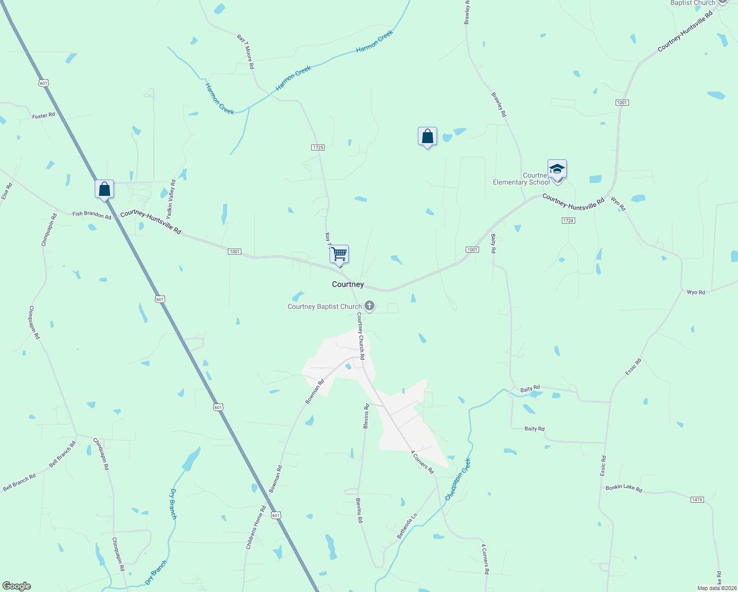 map of restaurants, bars, coffee shops, grocery stores, and more near 2016 Courtney-Huntsville Road in Yadkinville