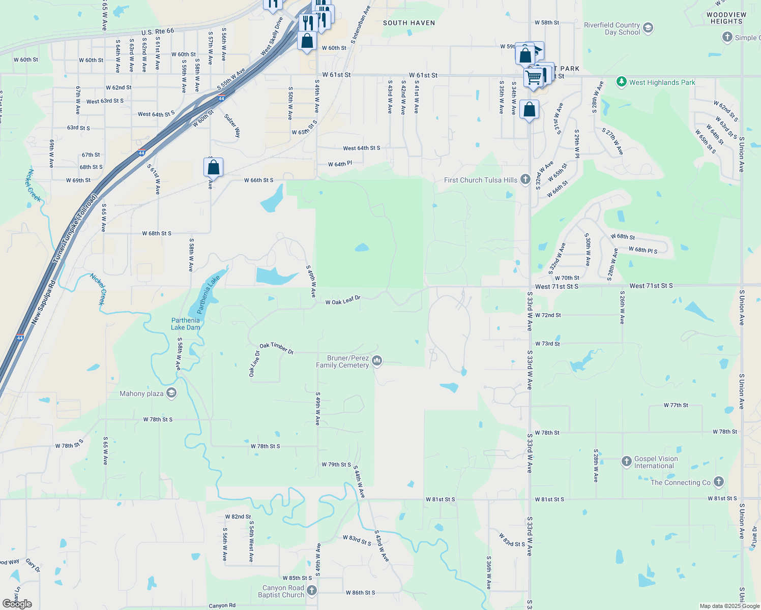 map of restaurants, bars, coffee shops, grocery stores, and more near 4404 West Oak Leaf Drive in Tulsa