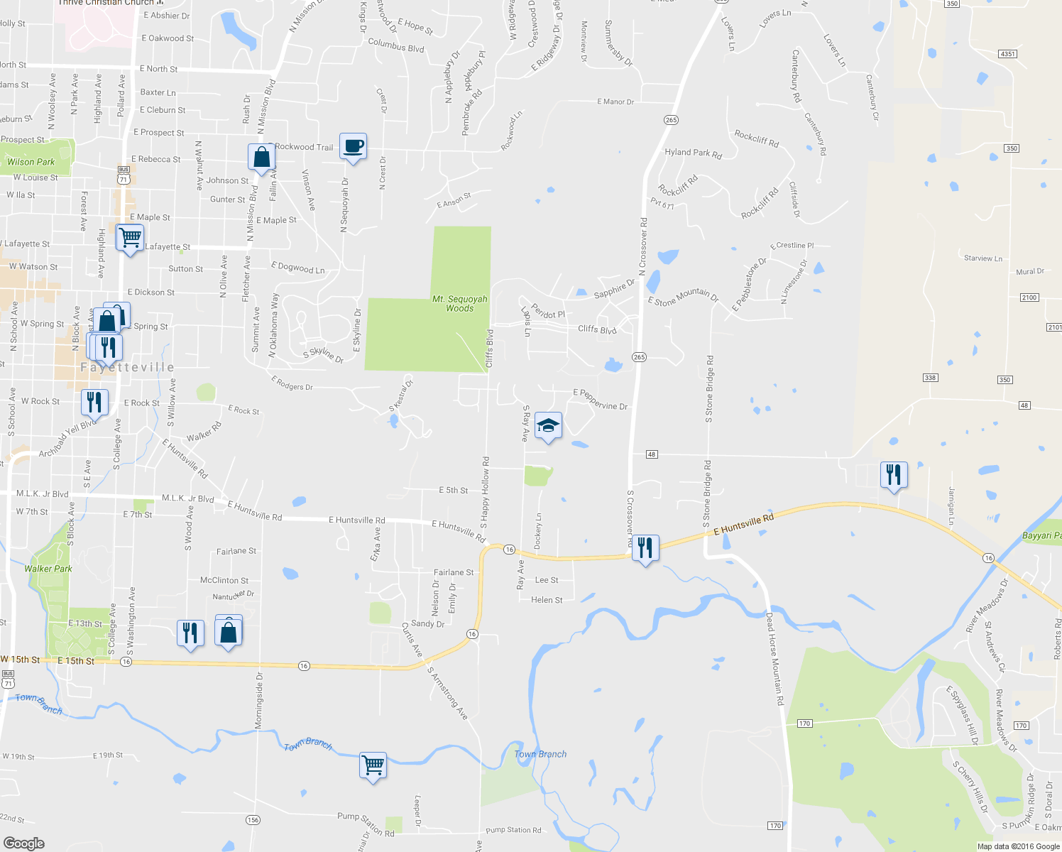 map of restaurants, bars, coffee shops, grocery stores, and more near 238 South Ray Avenue in Fayetteville