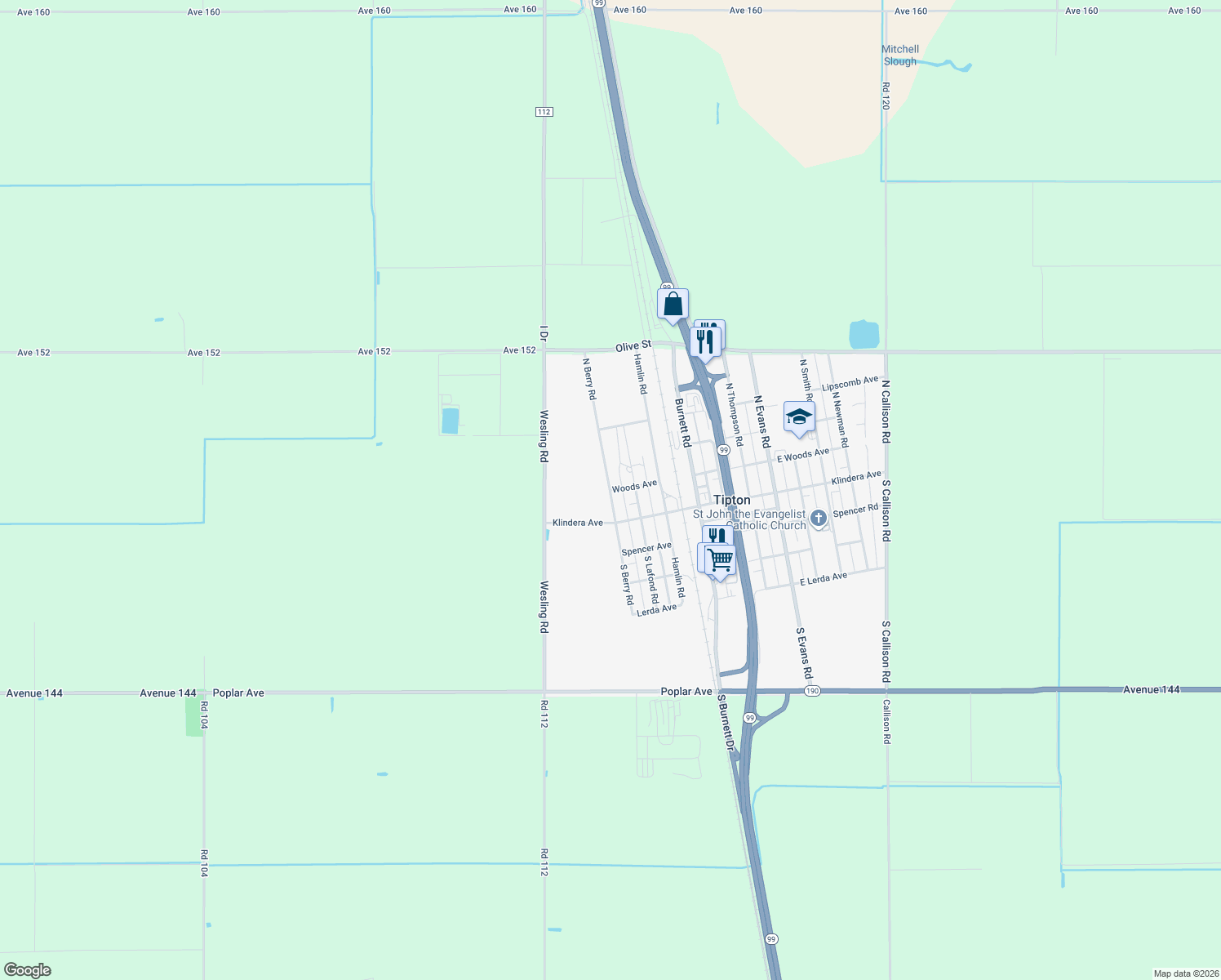 map of restaurants, bars, coffee shops, grocery stores, and more near 598 Woods Ave in Tipton