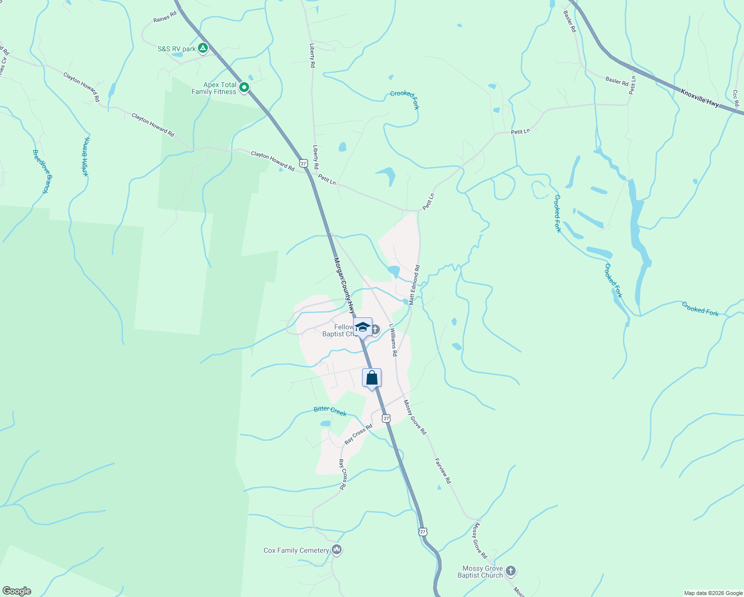 map of restaurants, bars, coffee shops, grocery stores, and more near 190 Leonard Williams Rd in Wartburg