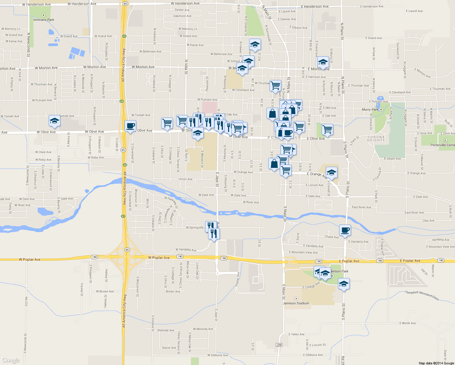 map of restaurants, bars, coffee shops, grocery stores, and more near 316 South Kessing Street in Porterville