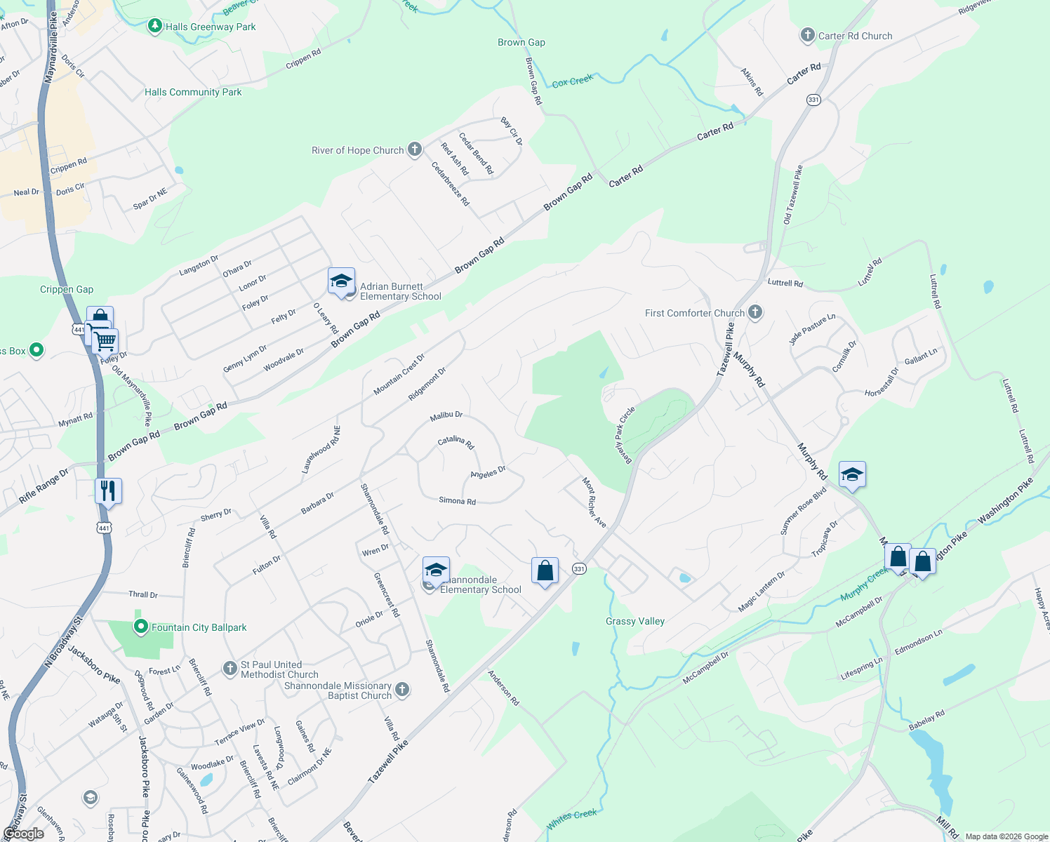 map of restaurants, bars, coffee shops, grocery stores, and more near 6426 Mont Richer Avenue in Knoxville