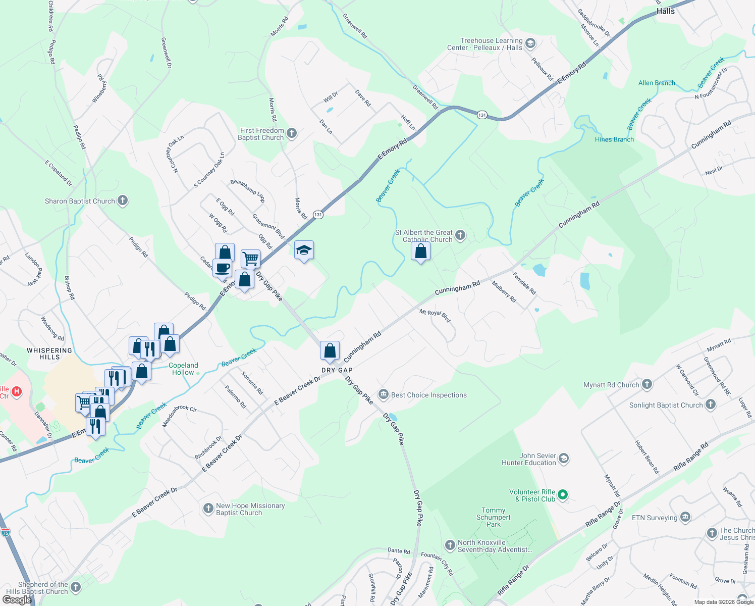 map of restaurants, bars, coffee shops, grocery stores, and more near 7119 Spurlin Road in Knoxville