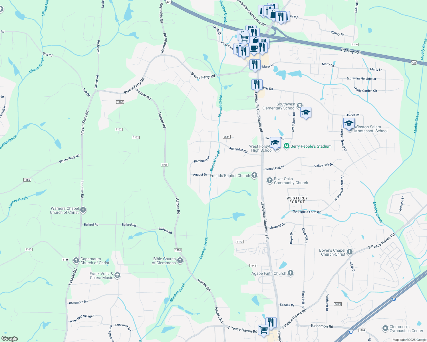 map of restaurants, bars, coffee shops, grocery stores, and more near 6921 August Drive in Clemmons