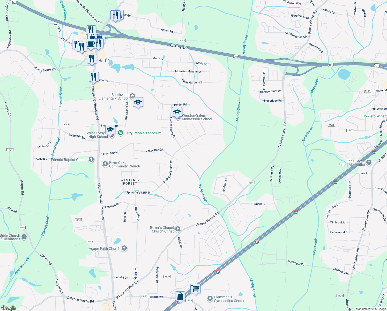 map of restaurants, bars, coffee shops, grocery stores, and more near 1842 Springfield Farm Court in Clemmons