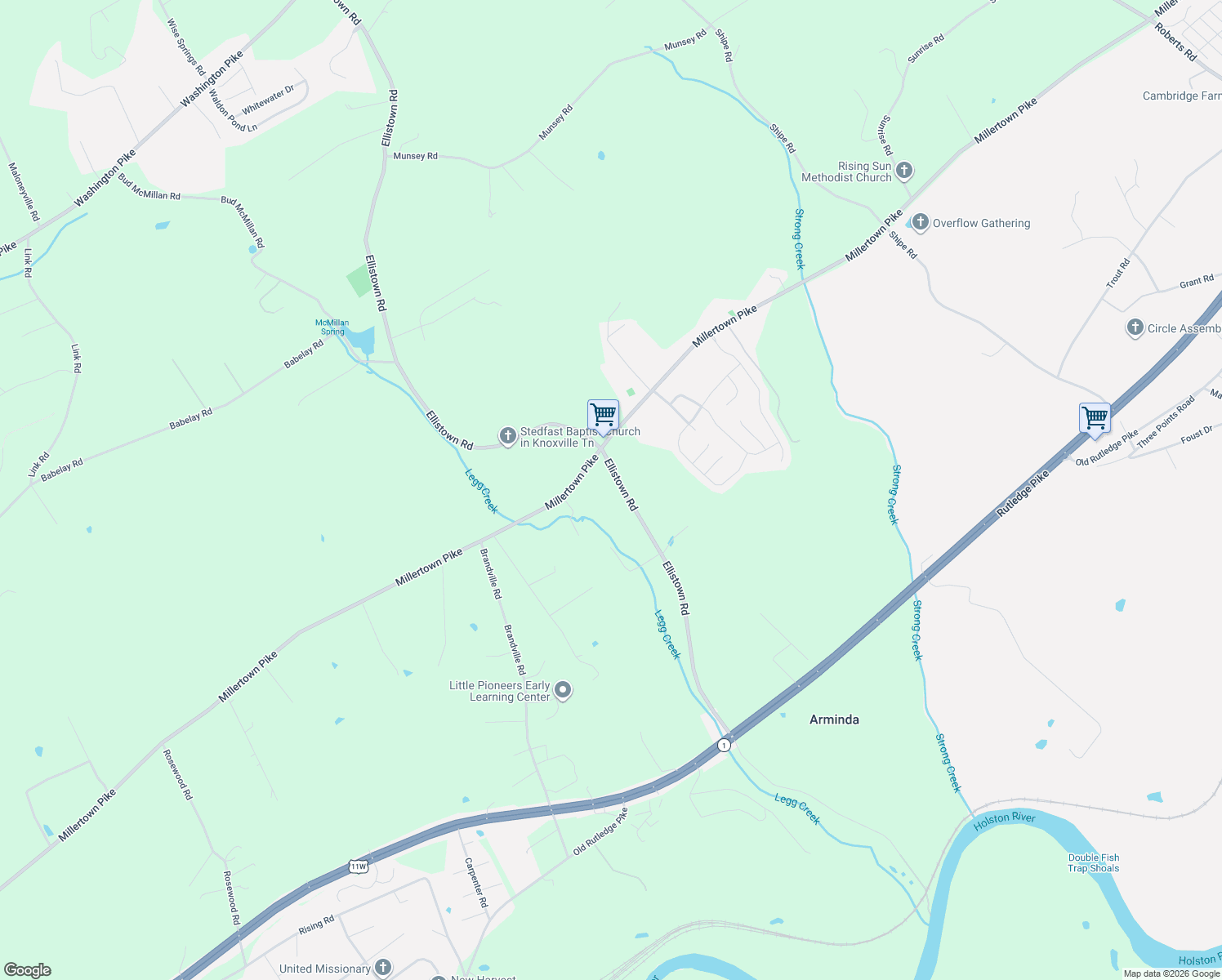 map of restaurants, bars, coffee shops, grocery stores, and more near 2709 Ellistown Road in Knoxville