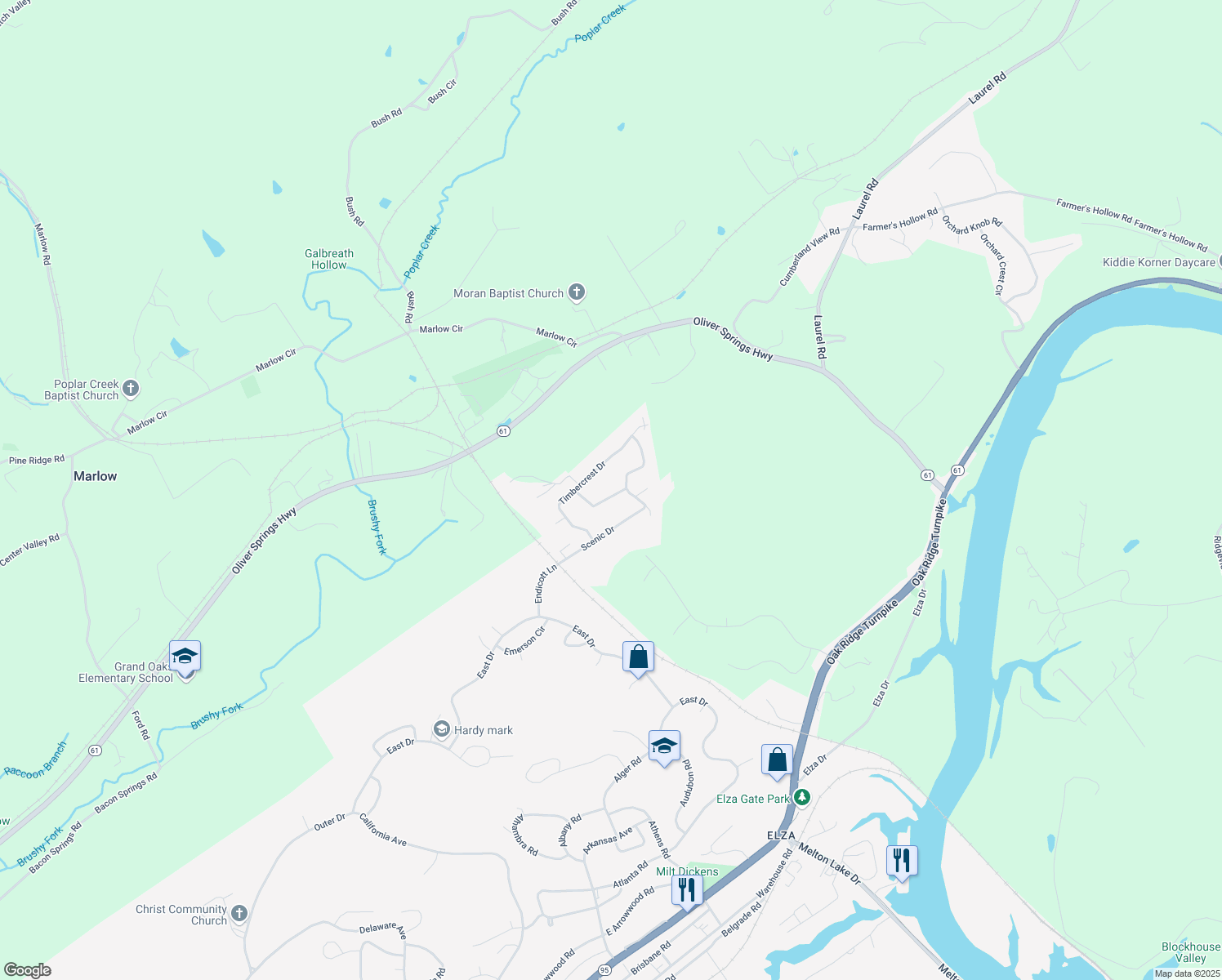 map of restaurants, bars, coffee shops, grocery stores, and more near 102 Hickory Hollow Drive in Oak Ridge