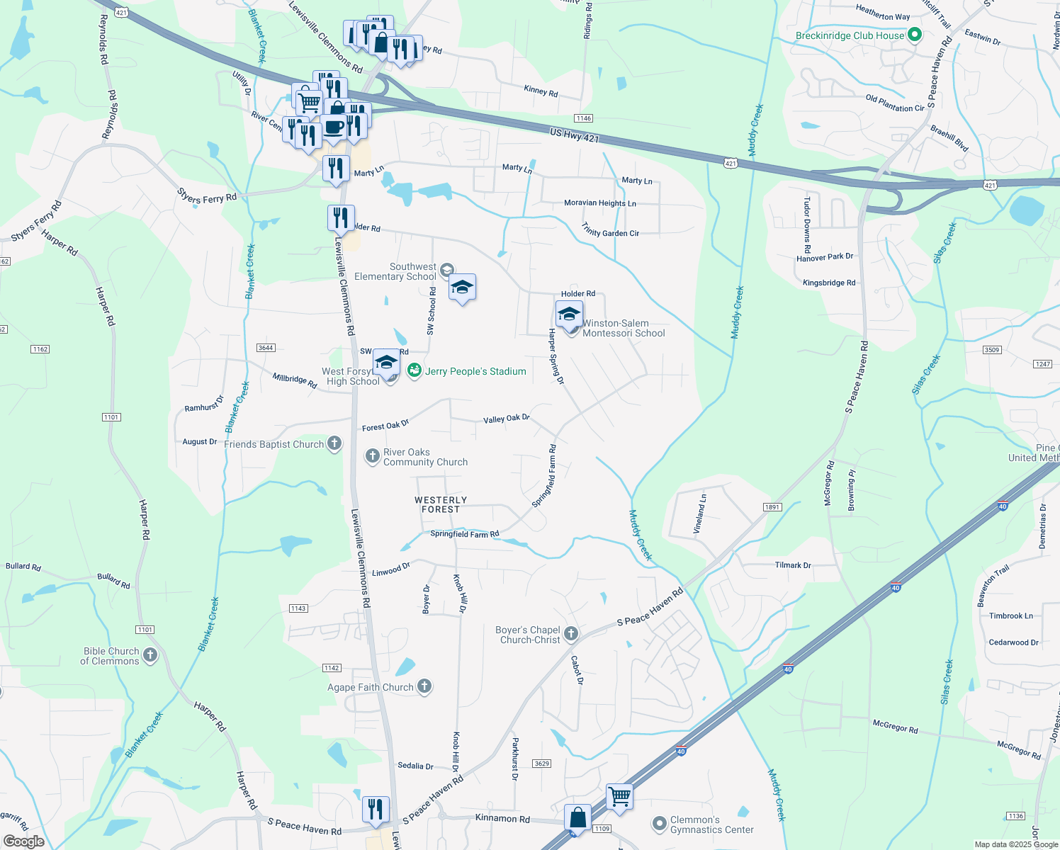 map of restaurants, bars, coffee shops, grocery stores, and more near 6640 Valleyoak Drive in Clemmons