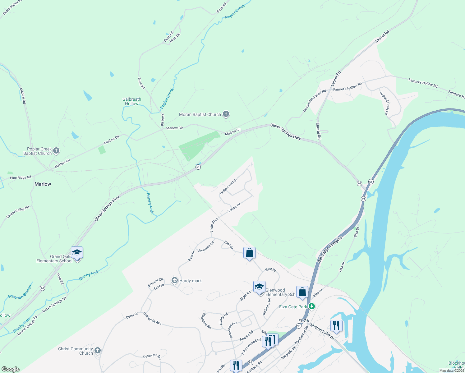 map of restaurants, bars, coffee shops, grocery stores, and more near 115 Timbercrest Drive in Oak Ridge