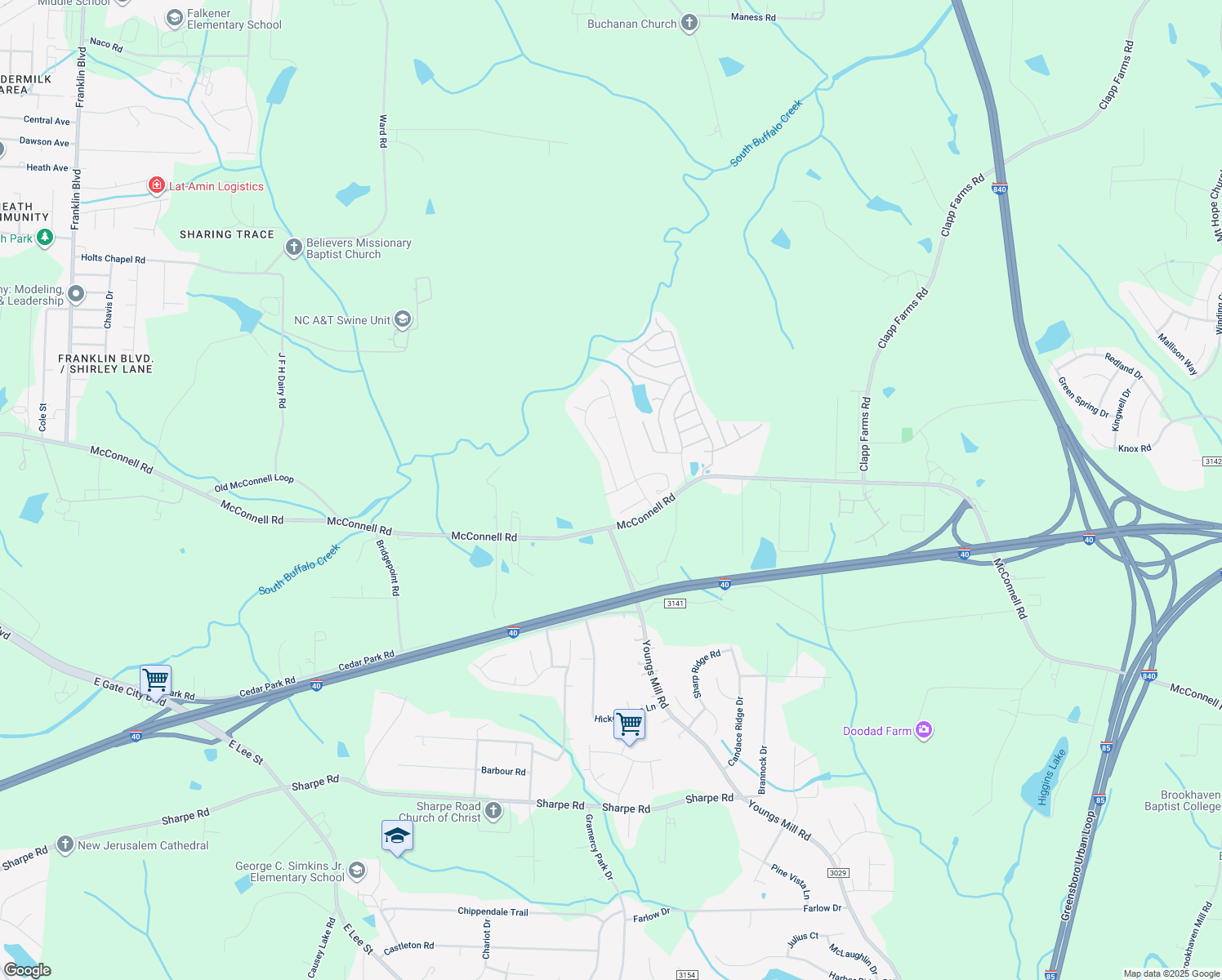 map of restaurants, bars, coffee shops, grocery stores, and more near 1153 Langston Drive in Greensboro