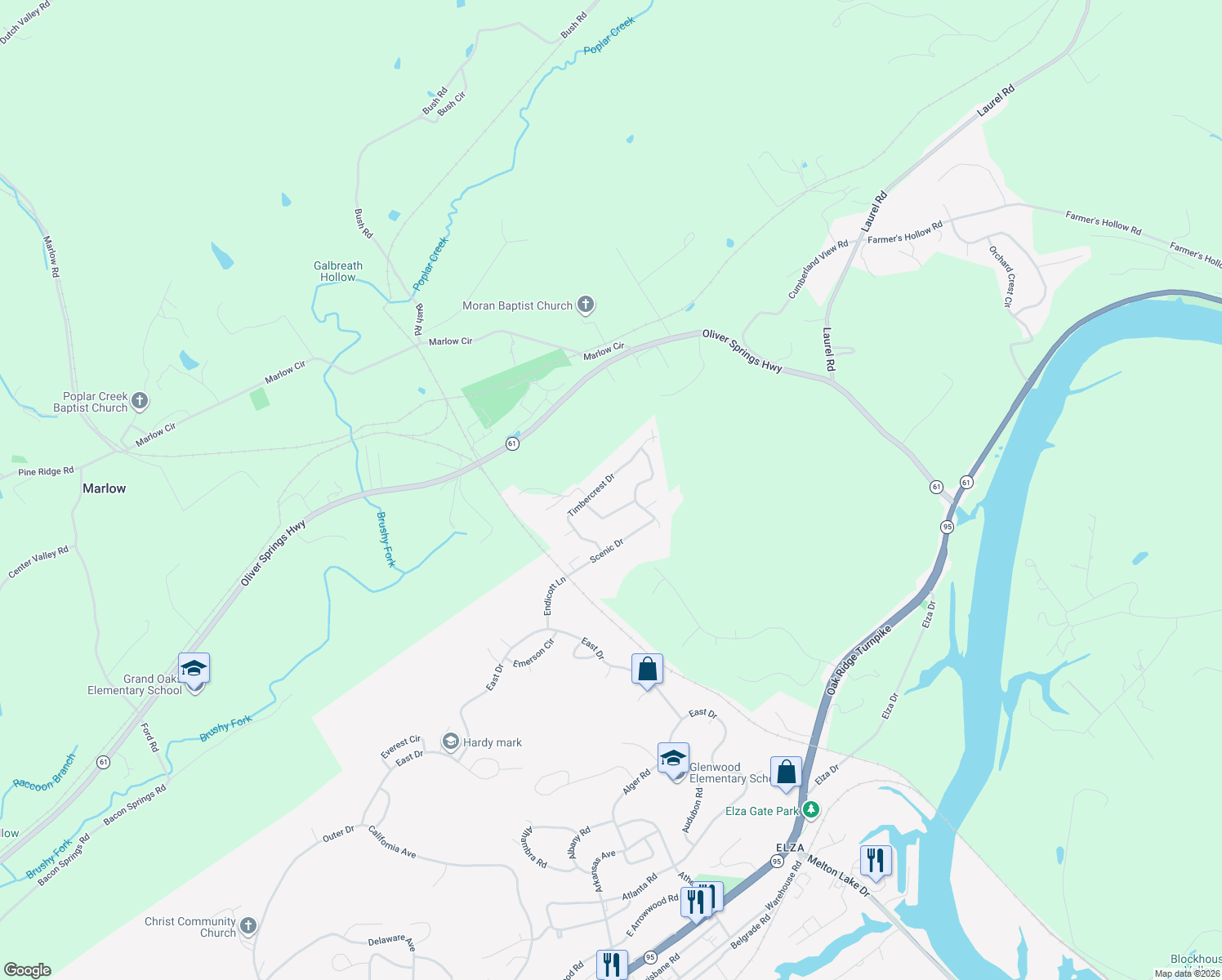 map of restaurants, bars, coffee shops, grocery stores, and more near 115 Timbercrest Drive in Oak Ridge