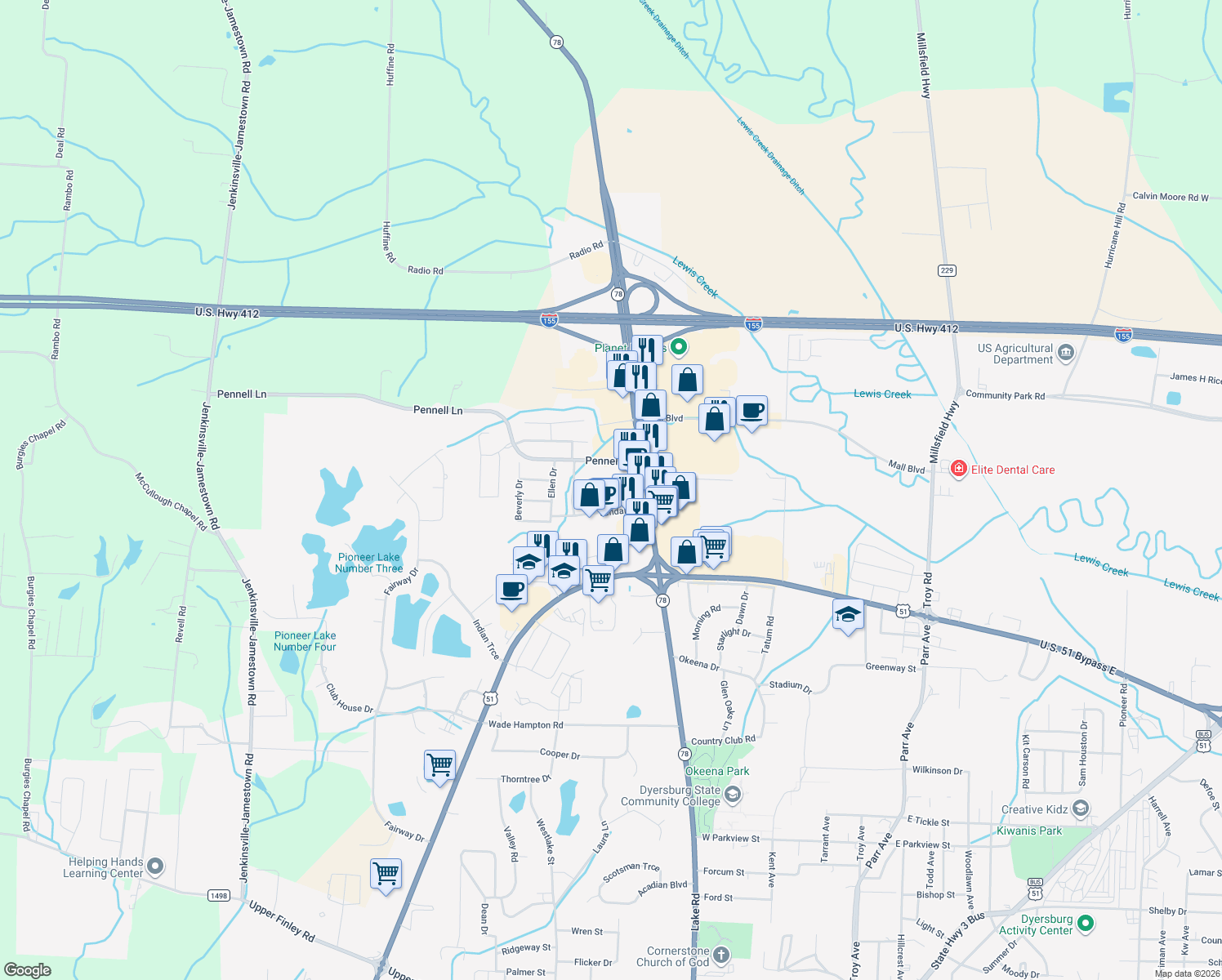 map of restaurants, bars, coffee shops, grocery stores, and more near 901 Leigh Drive in Dyersburg