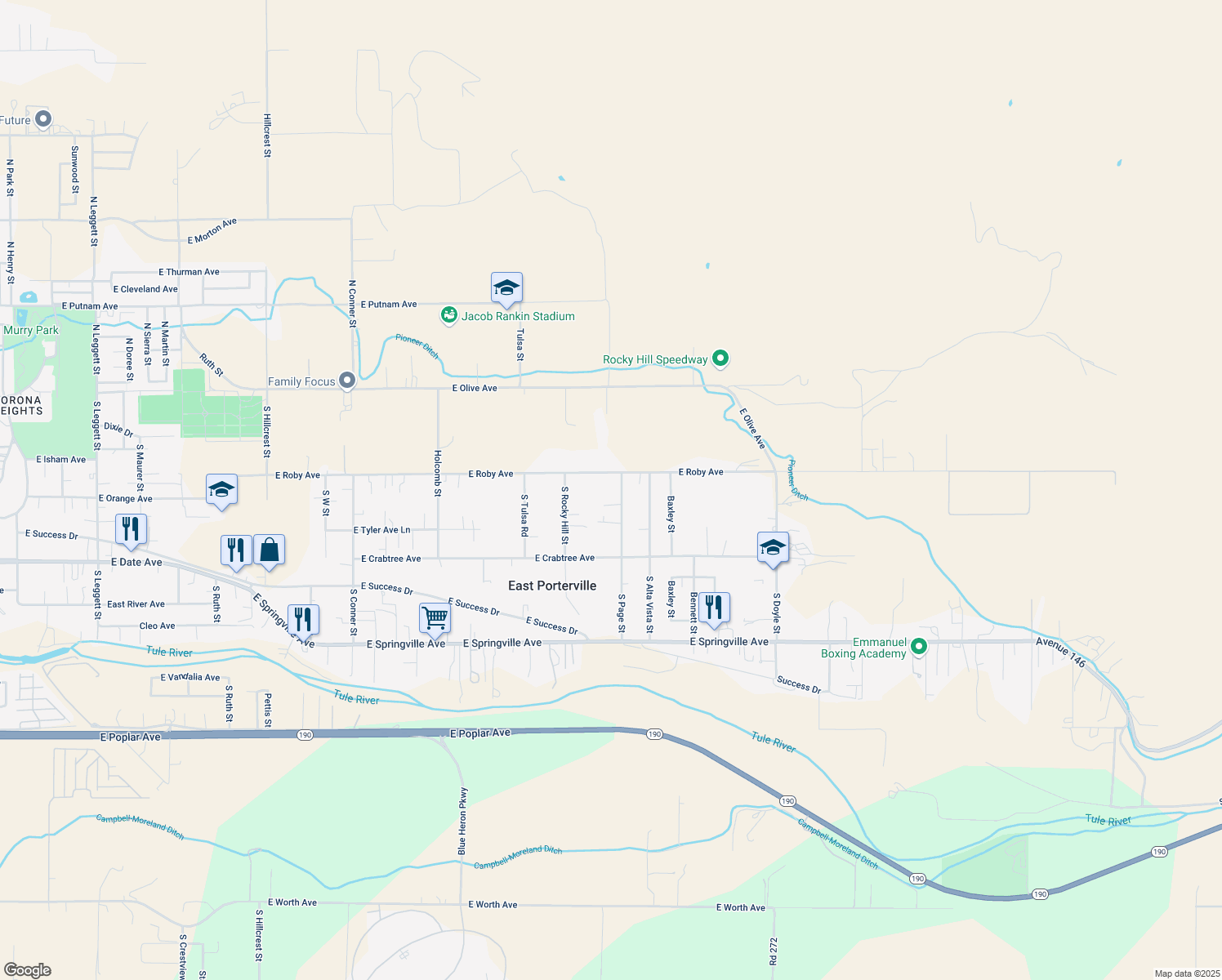 map of restaurants, bars, coffee shops, grocery stores, and more near 237 S Page St in Porterville
